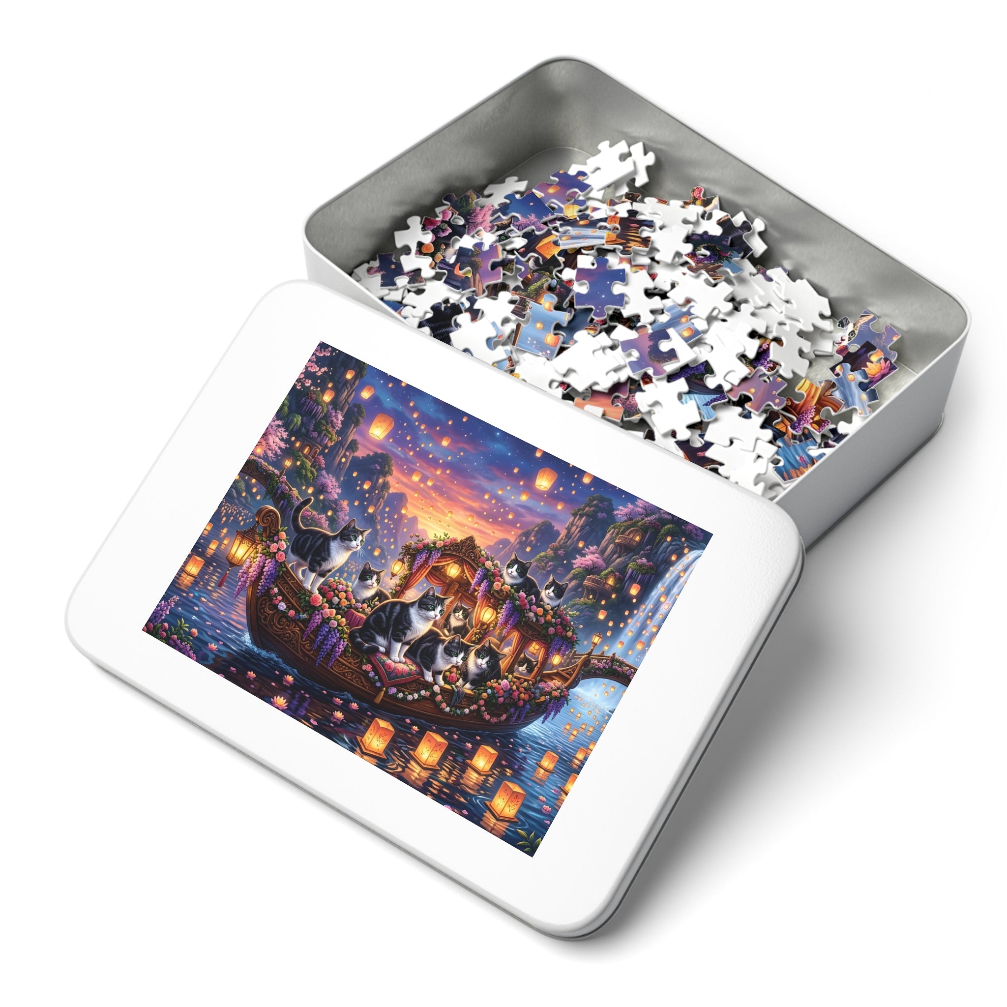 Black White Tuxedo American Shorthair Floating Lantern River Jigsaw Puzzle