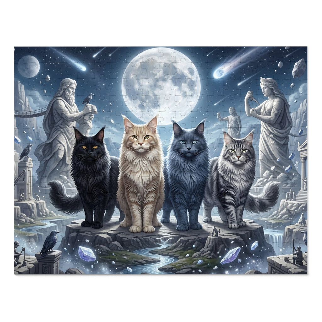 Maine Coon Cat Celestial Full Moon Greek Statue Crystal Temple Jigsaw Puzzle