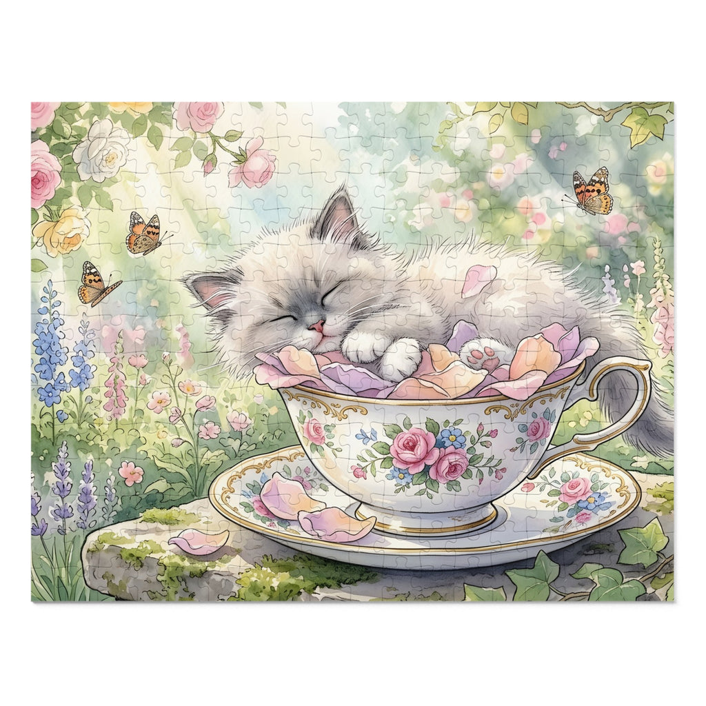 Blue Point Ragdoll Kitten Floral Teacup Garden Jigsaw Puzzle
