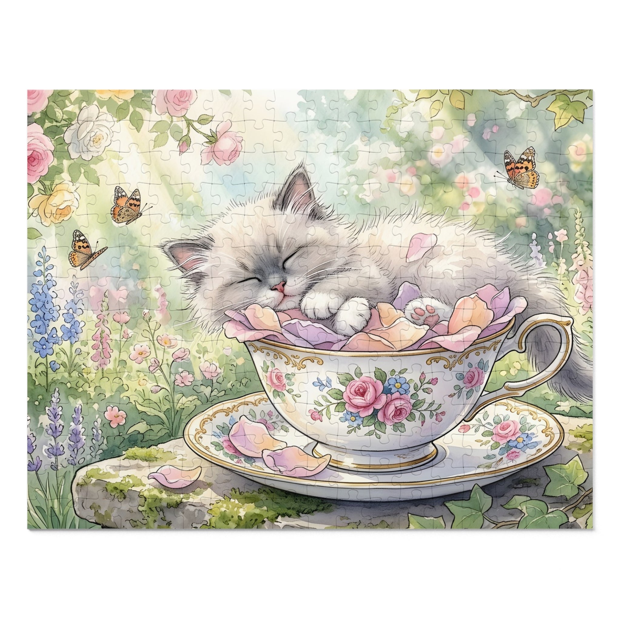 Blue Point Ragdoll Kitten Floral Teacup Garden Jigsaw Puzzle