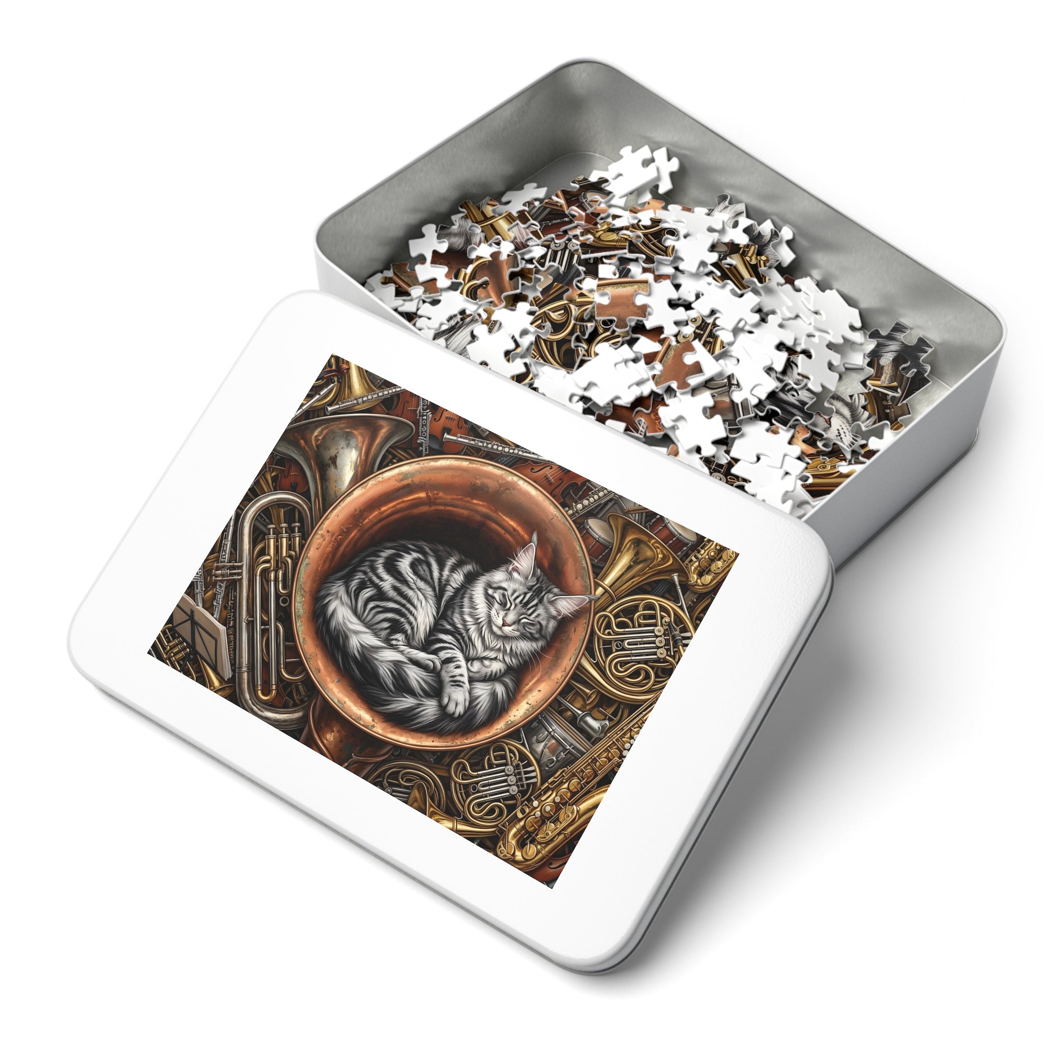 Silver Tabby Maine Coon Brass Tuba Musical Instruments Jigsaw Puzzle