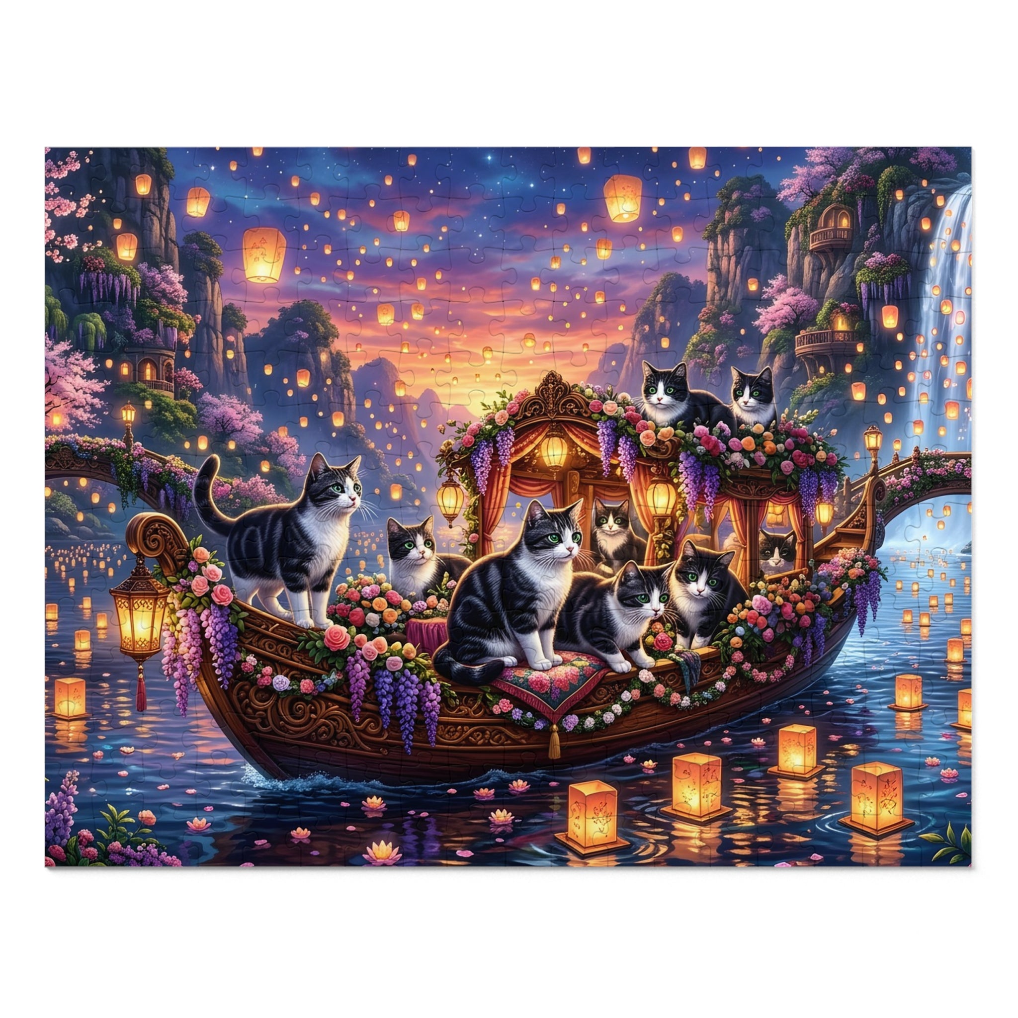 Black White Tuxedo American Shorthair Floating Lantern River Jigsaw Puzzle