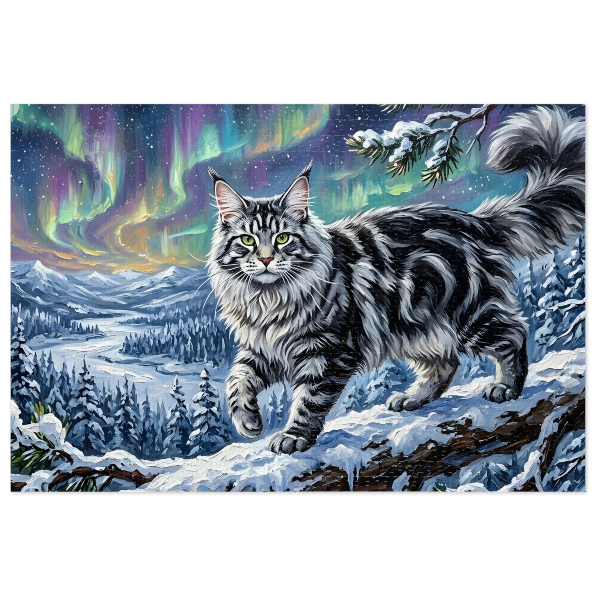Silver Tabby Maine Coon Northern Lights Snowy Winter Jigsaw Puzzle