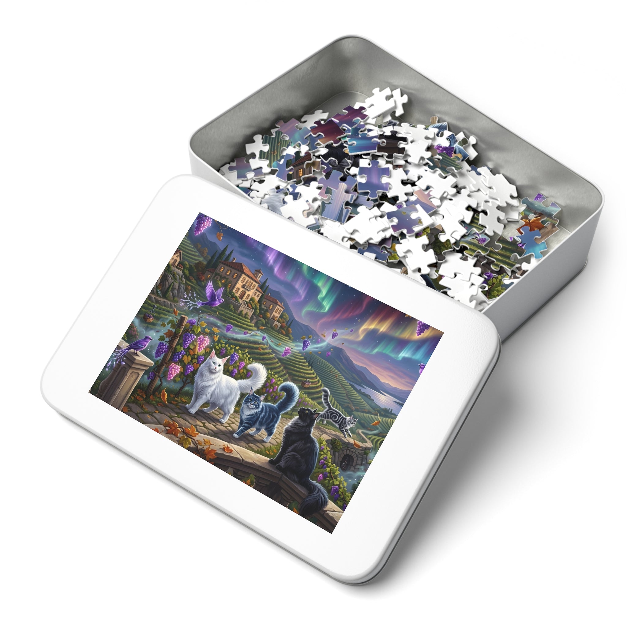 Maine Coon Cat Tuscan Vineyard Northern Lights Grape Harvest Jigsaw Puzzle