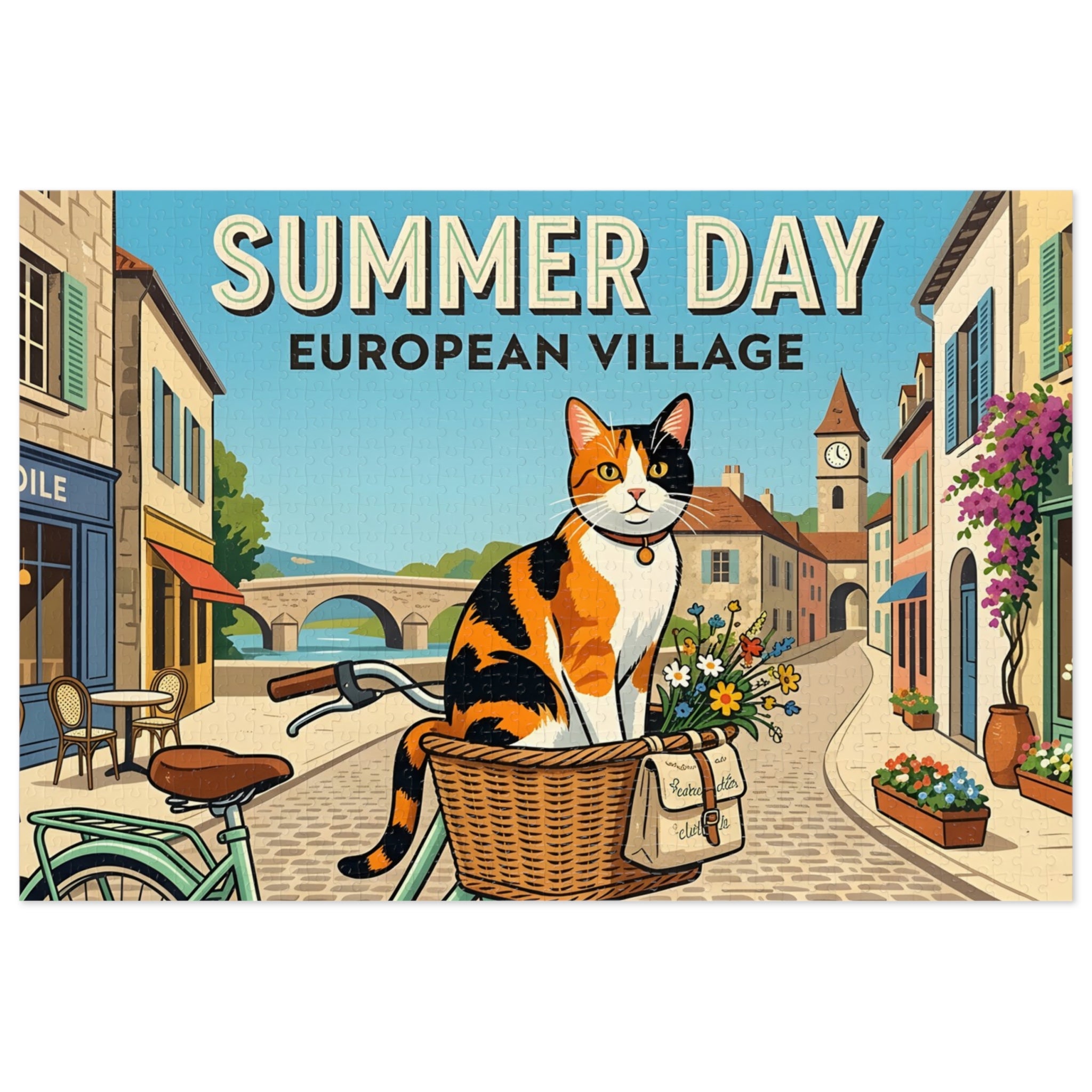 Calico American Shorthair Summer Day European Village Jigsaw Puzzle