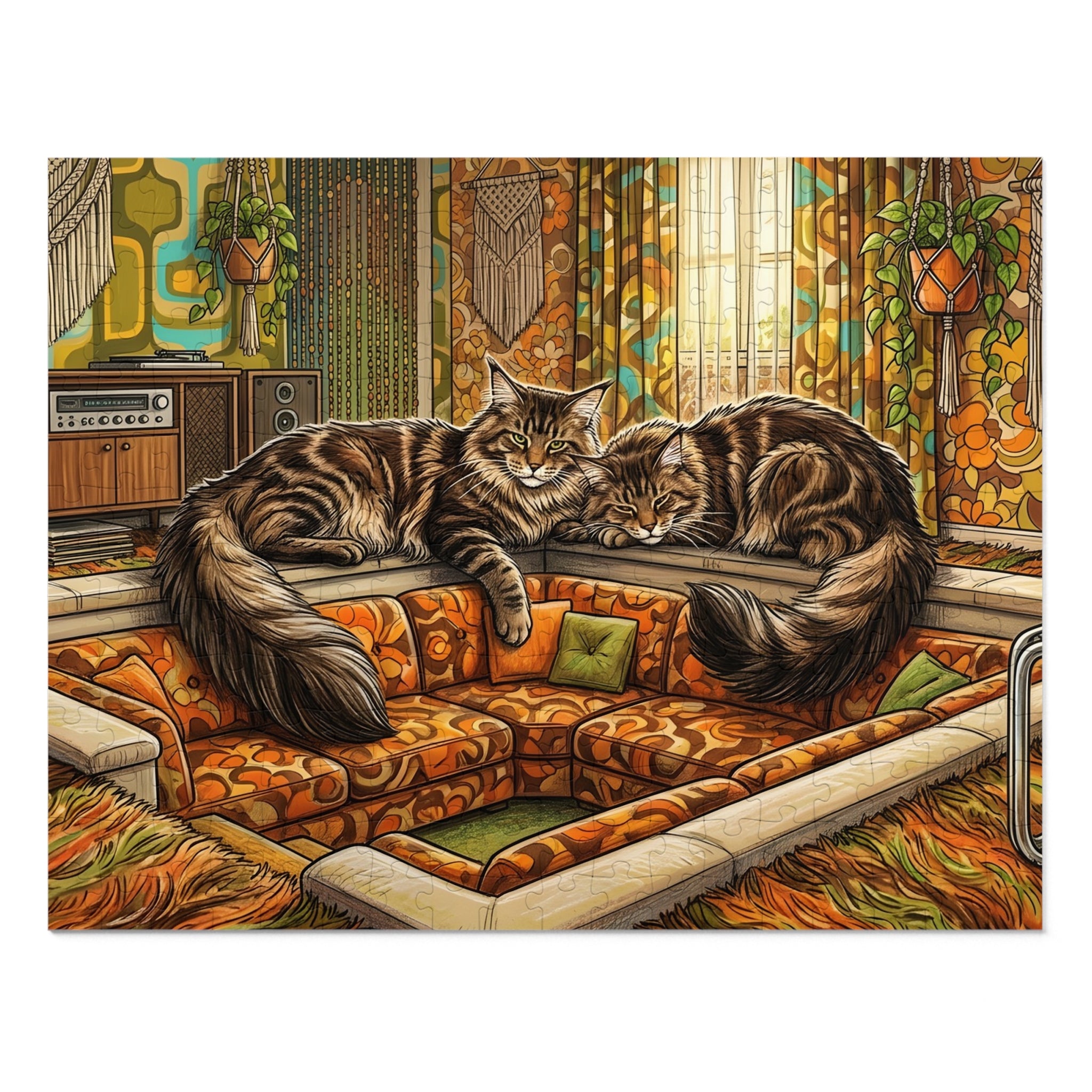 Brown Tabby Maine Coon 70s Retro Sunken Living Room Jigsaw Puzzle
