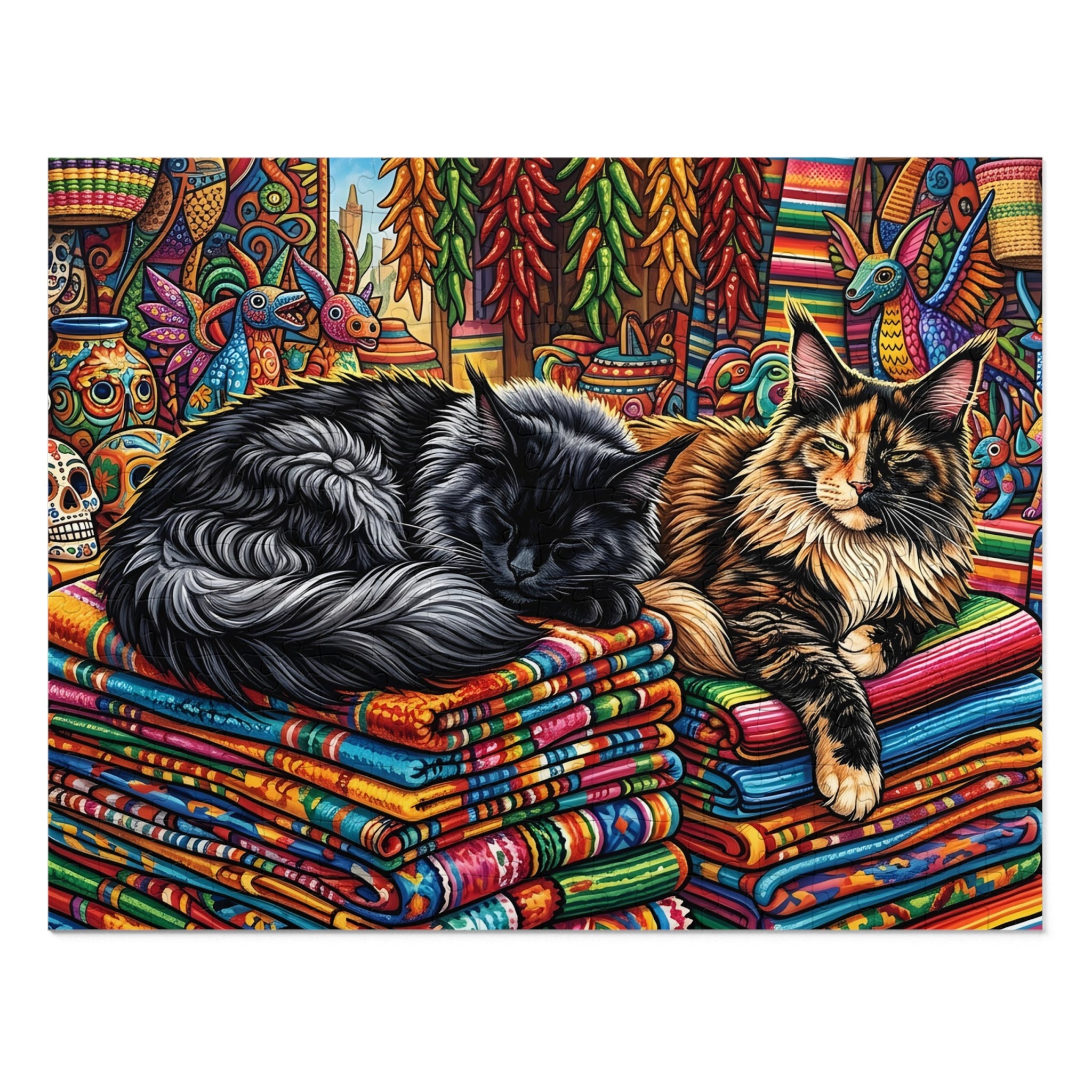 Black and Tortoiseshell Maine Coon Mexican Market Blankets Jigsaw Puzzle