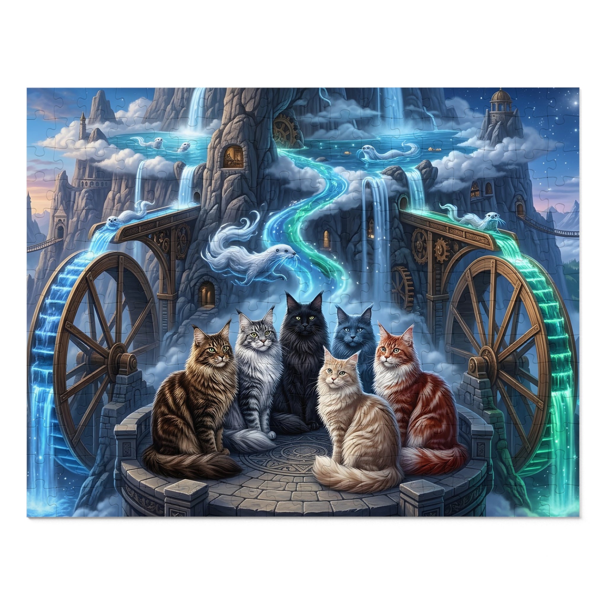 Maine Coon Cat Water Wheel Mountain Waterfalls Otter Spirit Jigsaw Puzzle