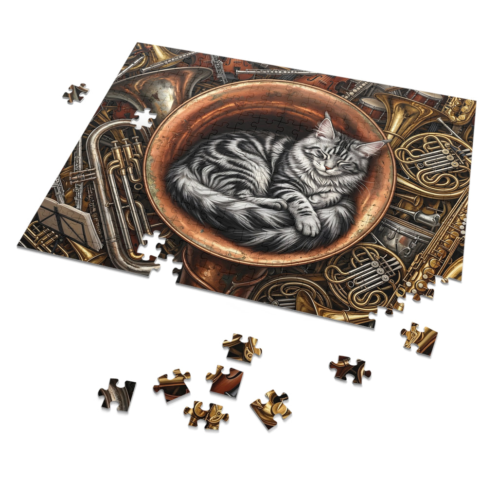 Silver Tabby Maine Coon Brass Tuba Musical Instruments Jigsaw Puzzle