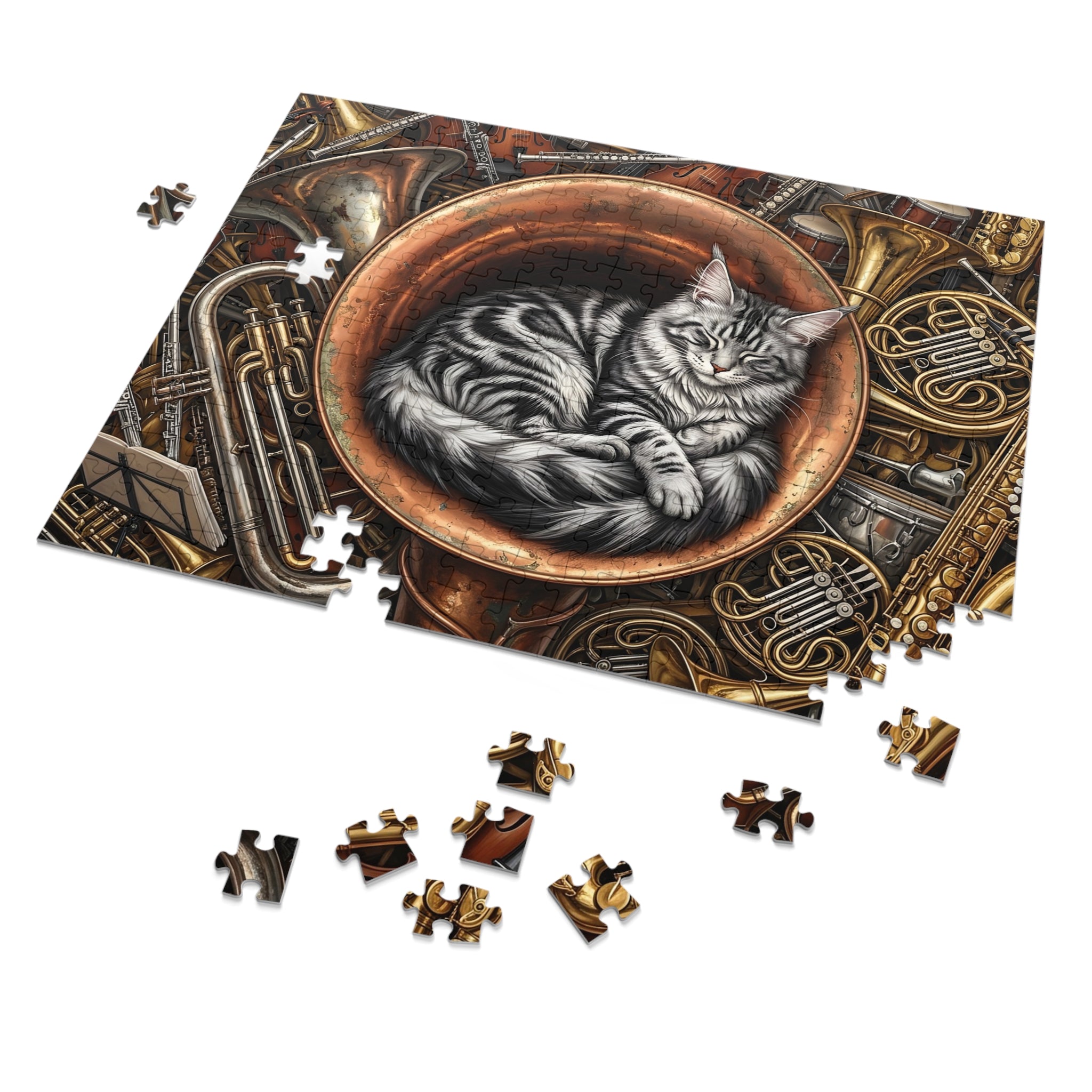 Silver Tabby Maine Coon Brass Tuba Musical Instruments Jigsaw Puzzle