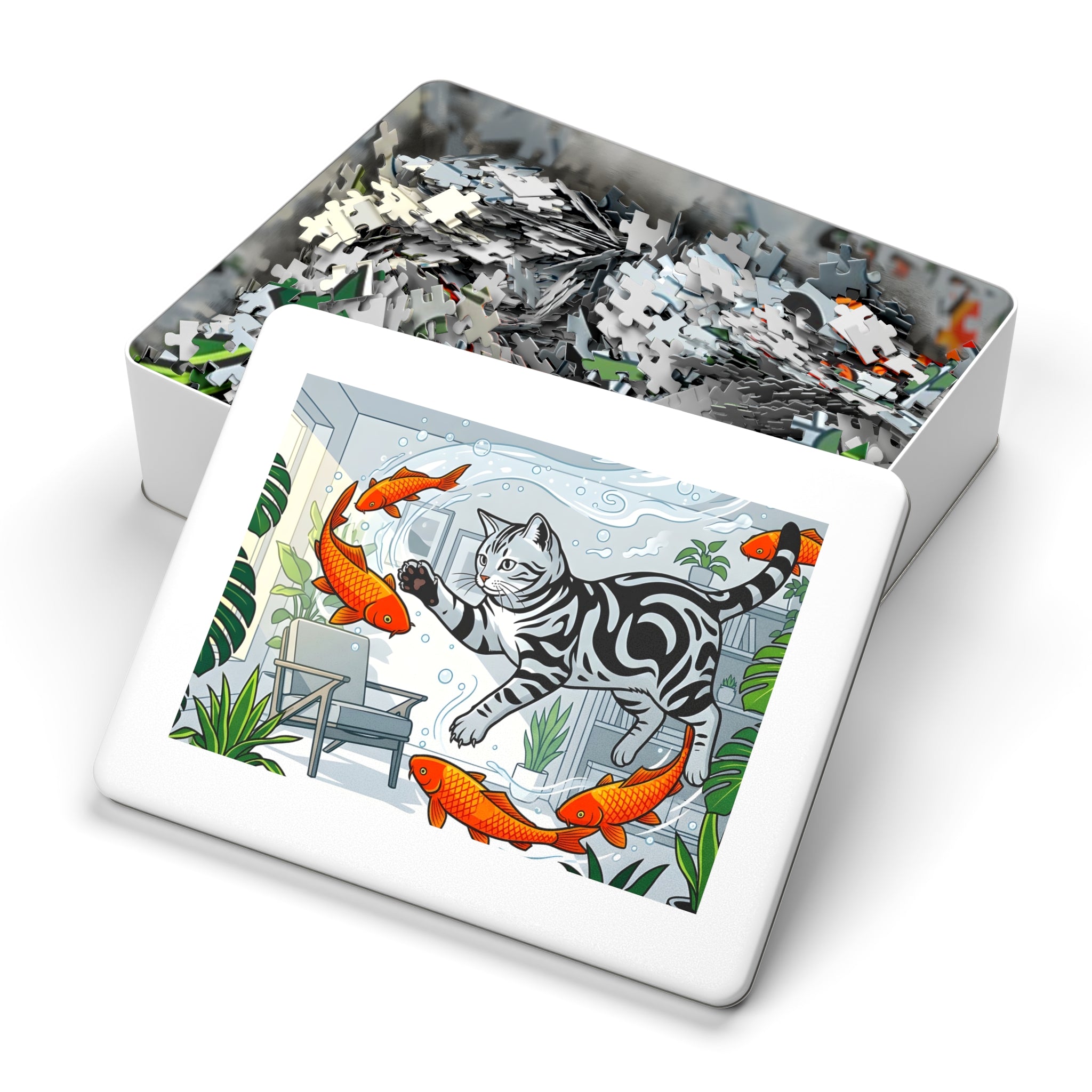 Silver Tabby American Shorthair Flying Goldfish Room Jigsaw Puzzle