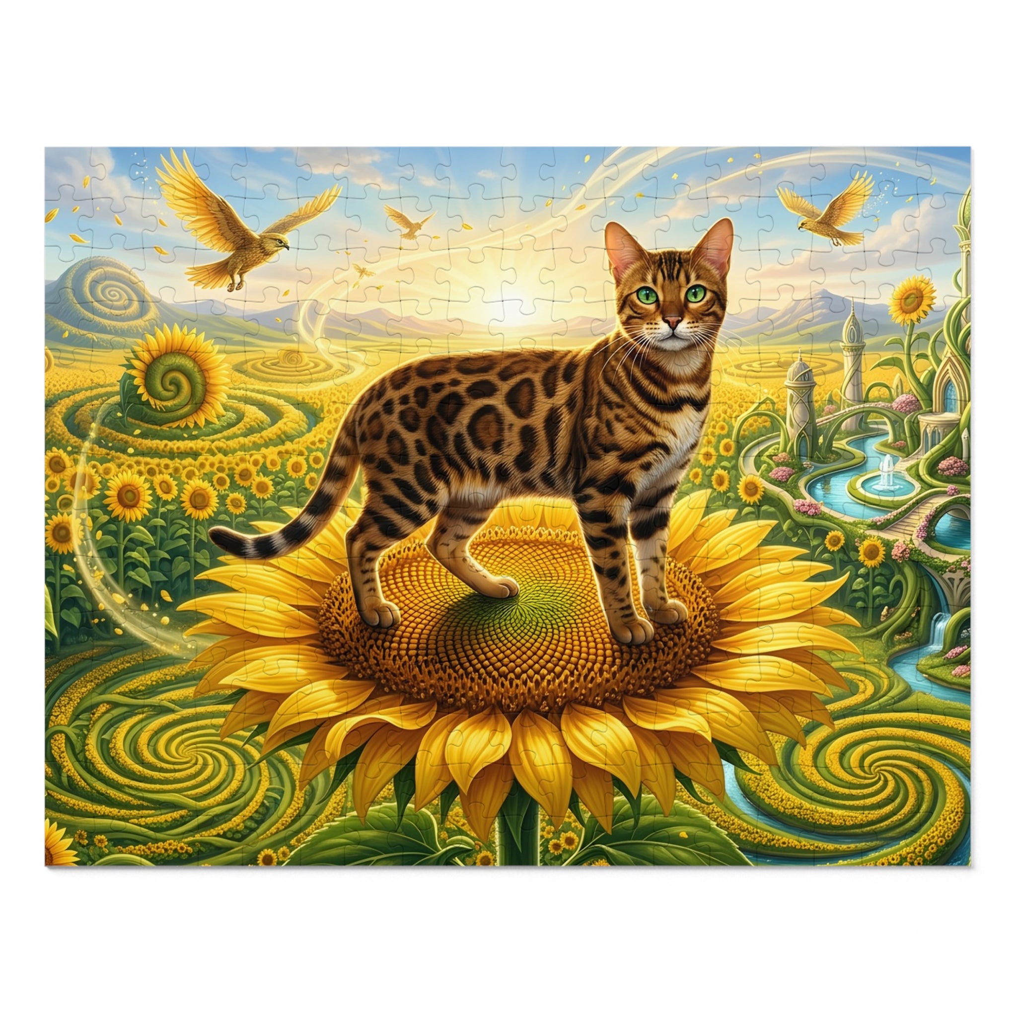 Bengal Cat Giant Sunflower Spiral Field Fantasy Palace Jigsaw Puzzle