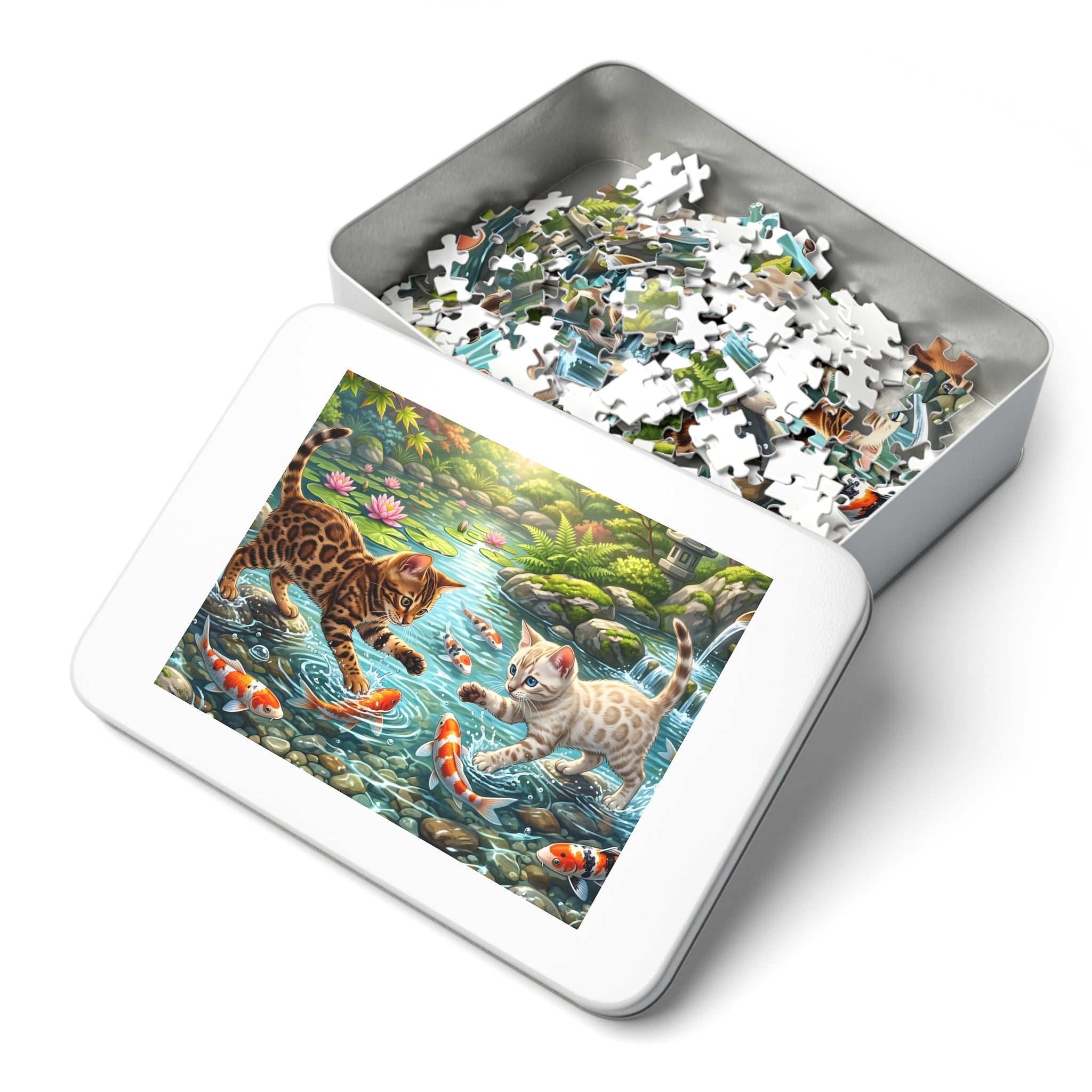 Brown and Snow Bengal Kittens Japanese Koi Pond Jigsaw Puzzle