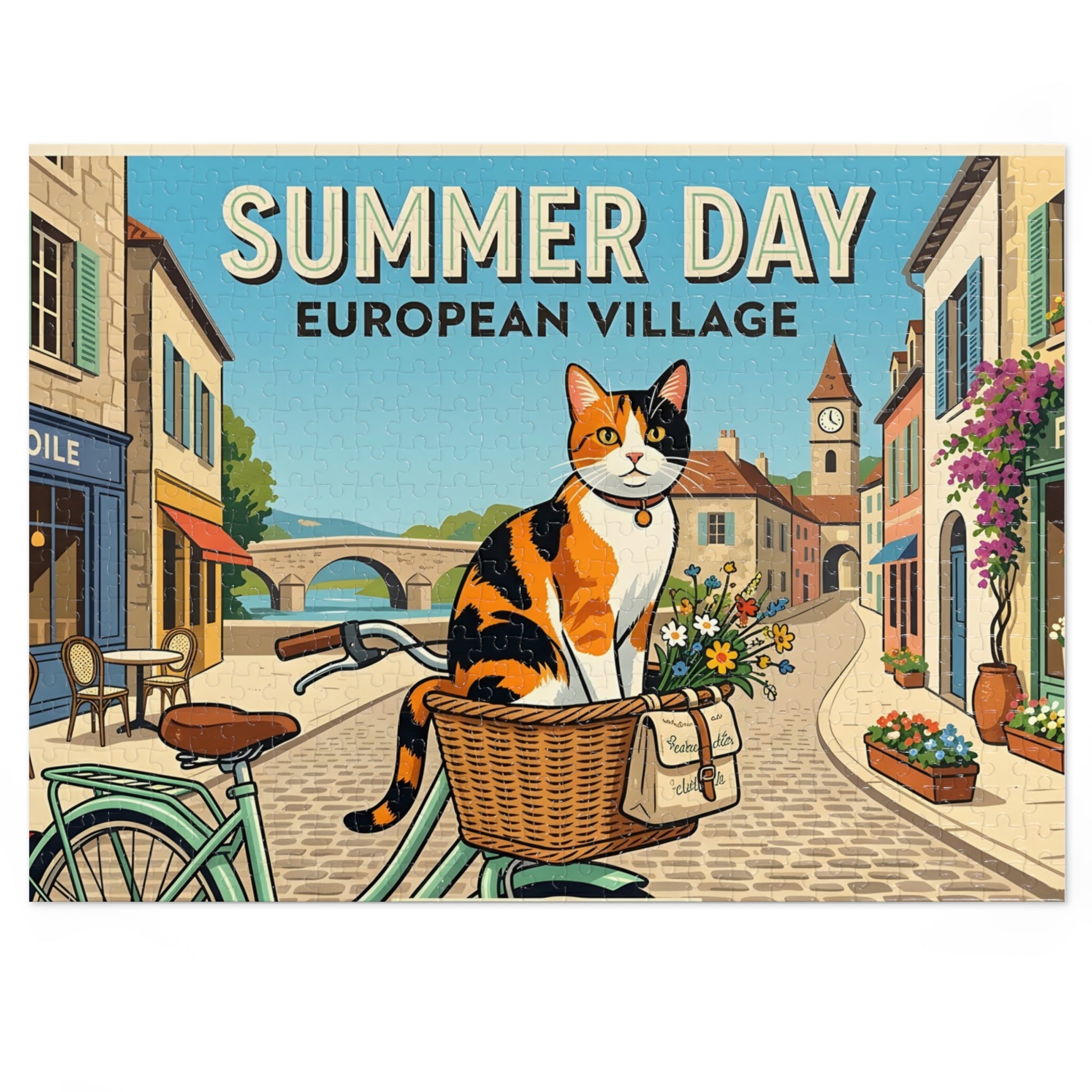 Calico American Shorthair Summer Day European Village Jigsaw Puzzle