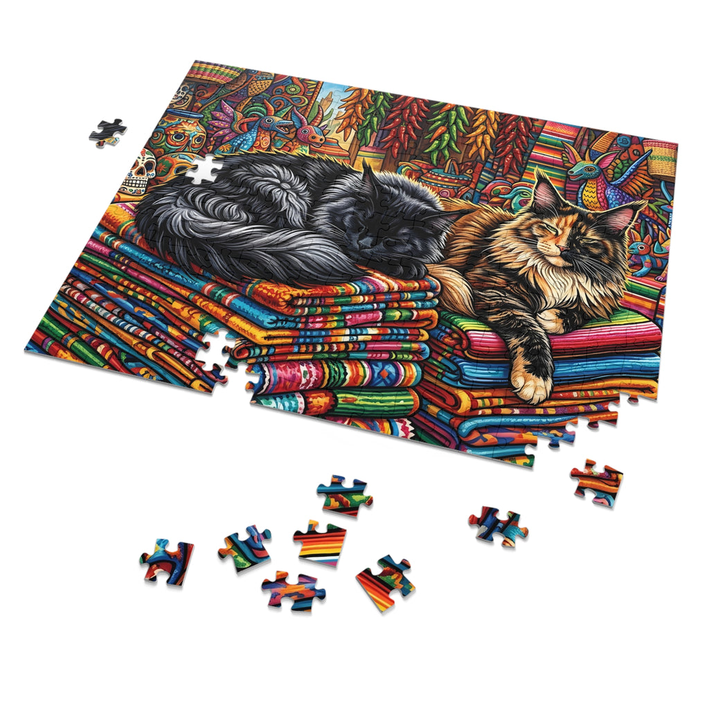 Black and Tortoiseshell Maine Coon Mexican Market Blankets Jigsaw Puzzle