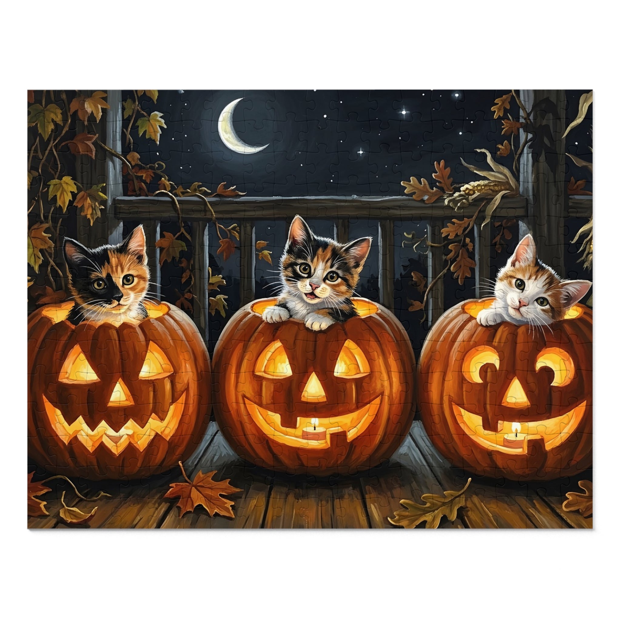 Calico American Shorthair Autumn Pumpkin Porch Jigsaw Puzzle