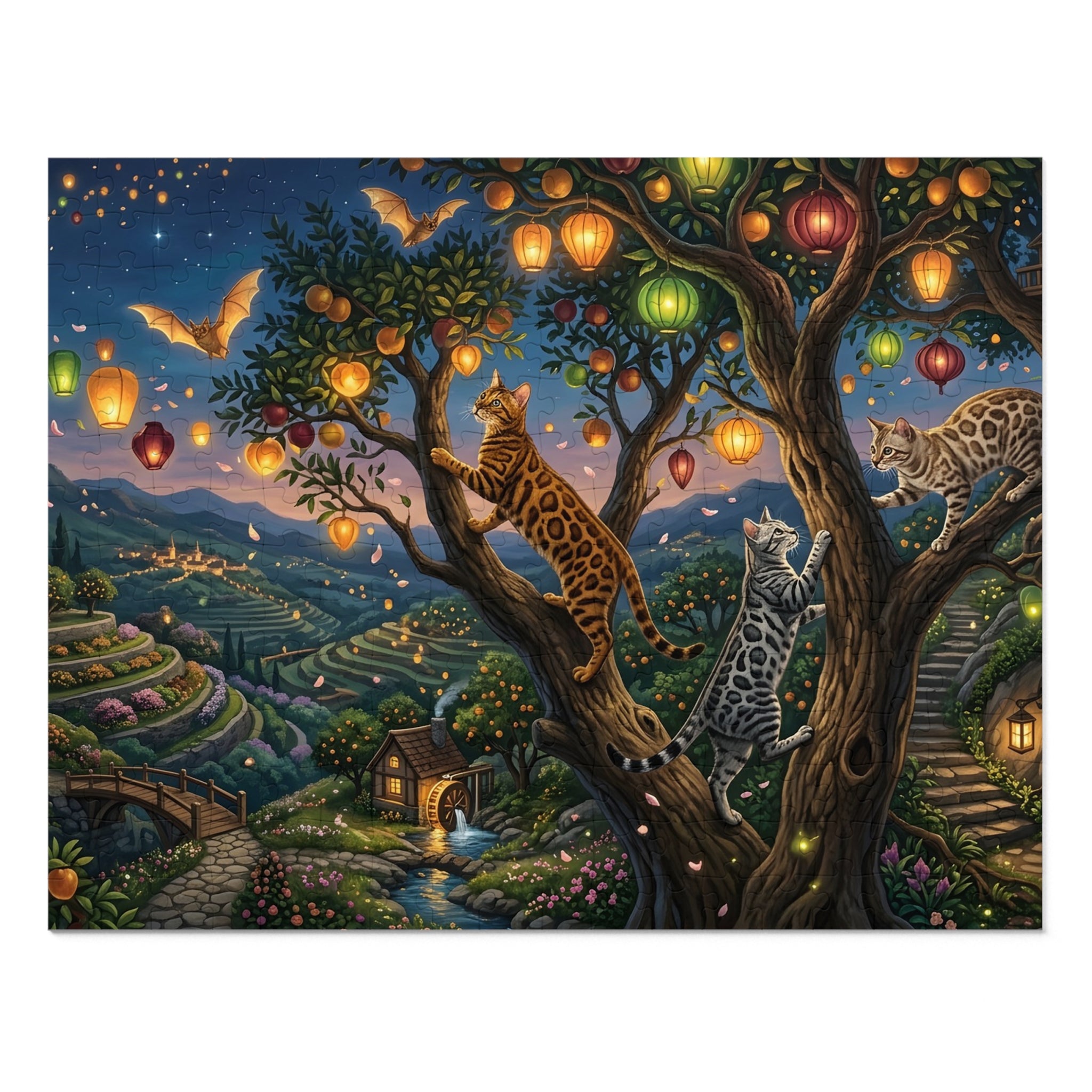 Bengal Cat Glowing Lantern Tree Orchard Twilight Jigsaw Puzzle