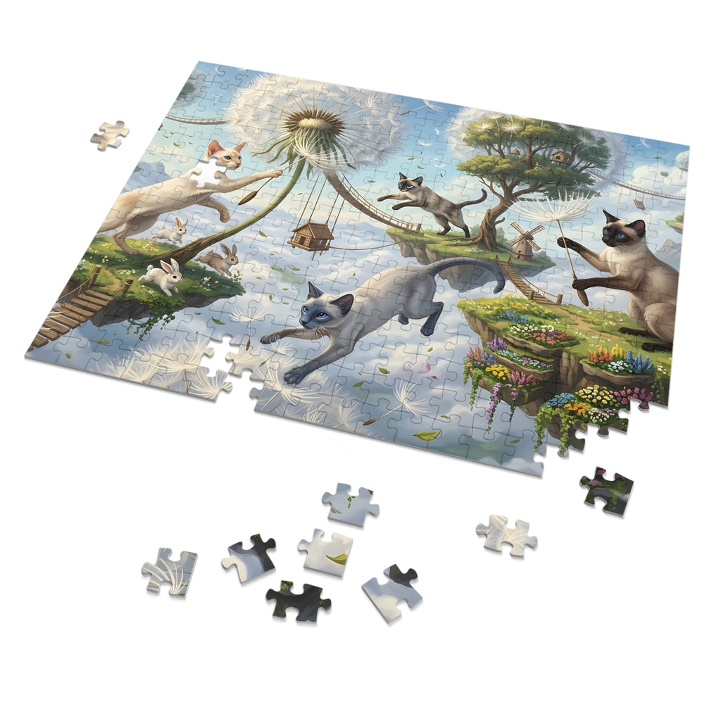 Siamese Cat Floating Dandelion Sky Island Jigsaw Puzzle