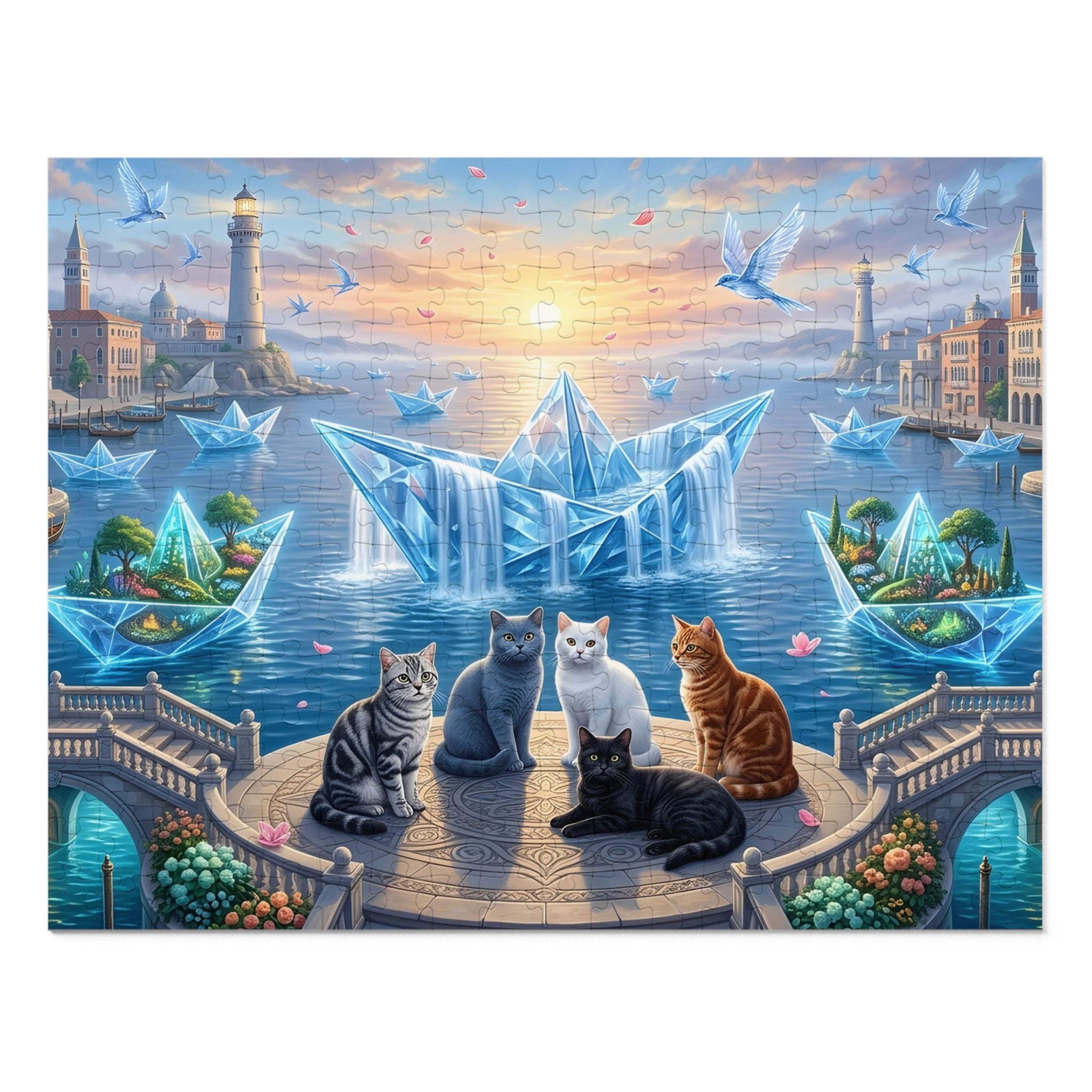 American Shorthair Cat Crystal Paper Boat Waterfalls Coastal Harbor Jigsaw Puzzle