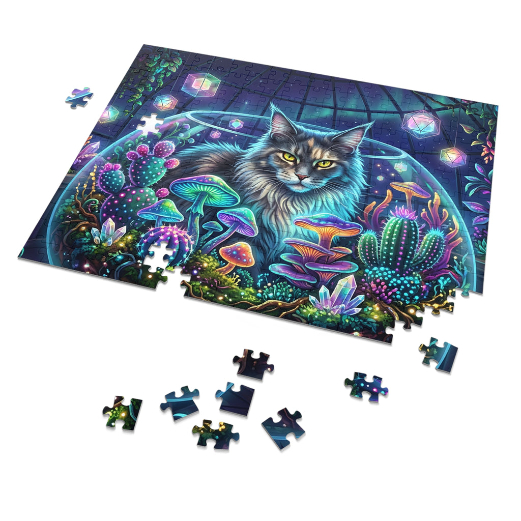 Silver Patch Tabby Maine Coon Glowing Terrarium Mushrooms Jigsaw Puzzle
