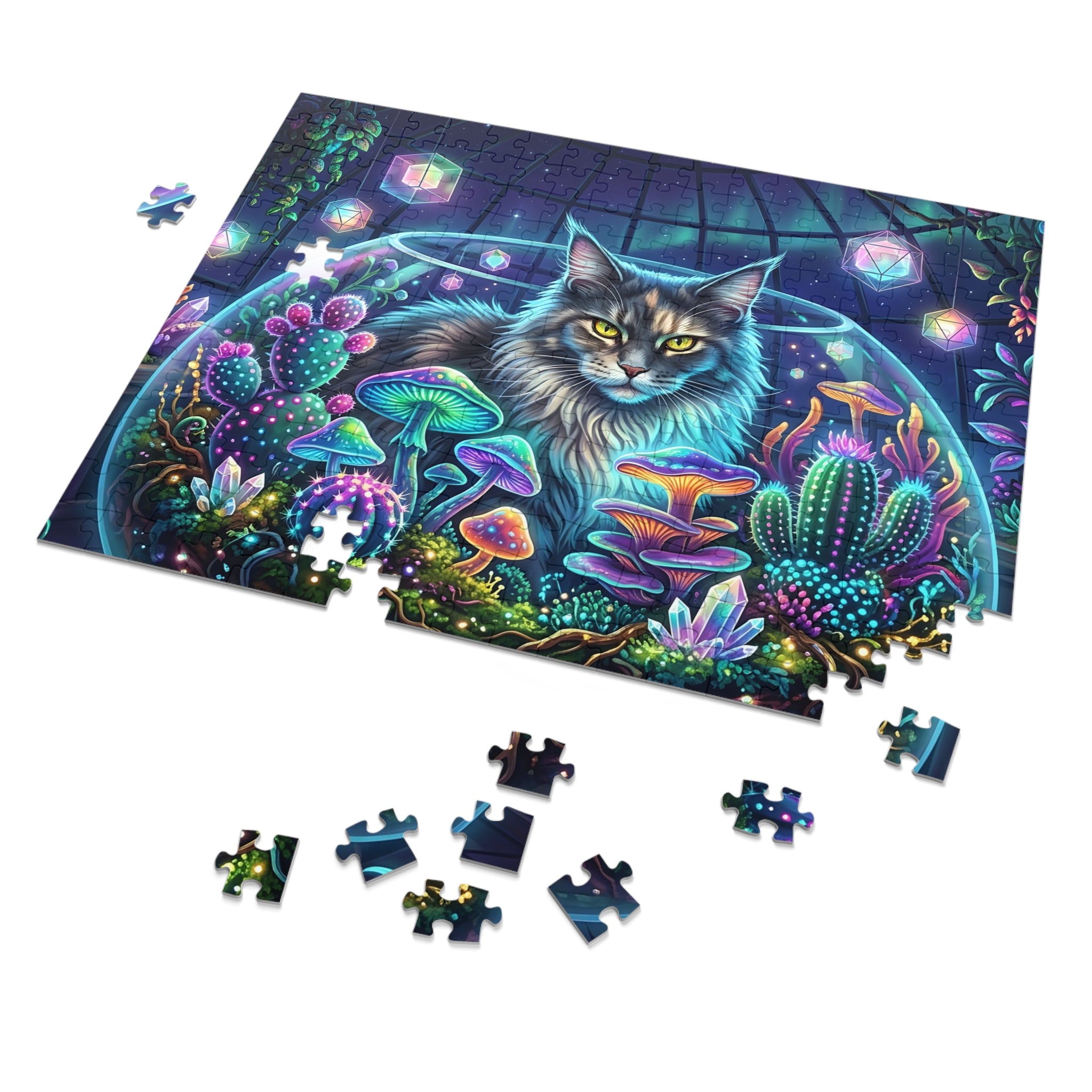 Silver Patch Tabby Maine Coon Glowing Terrarium Mushrooms Jigsaw Puzzle