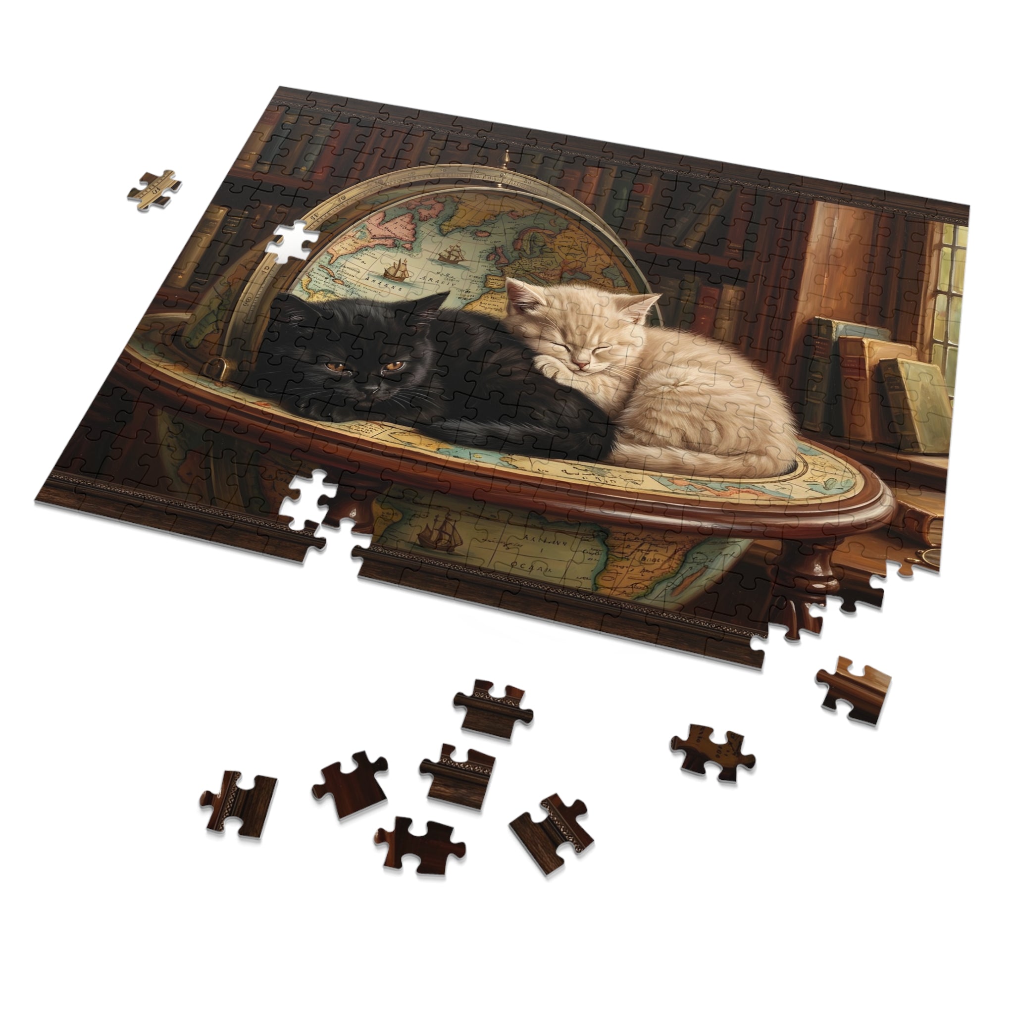 Black and Cream British Shorthair Kittens Globe Study Jigsaw Puzzle