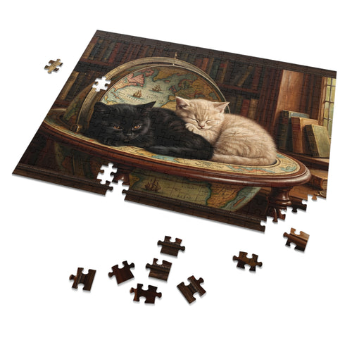 Black and Cream British Shorthair Kittens Globe Study Jigsaw Puzzle