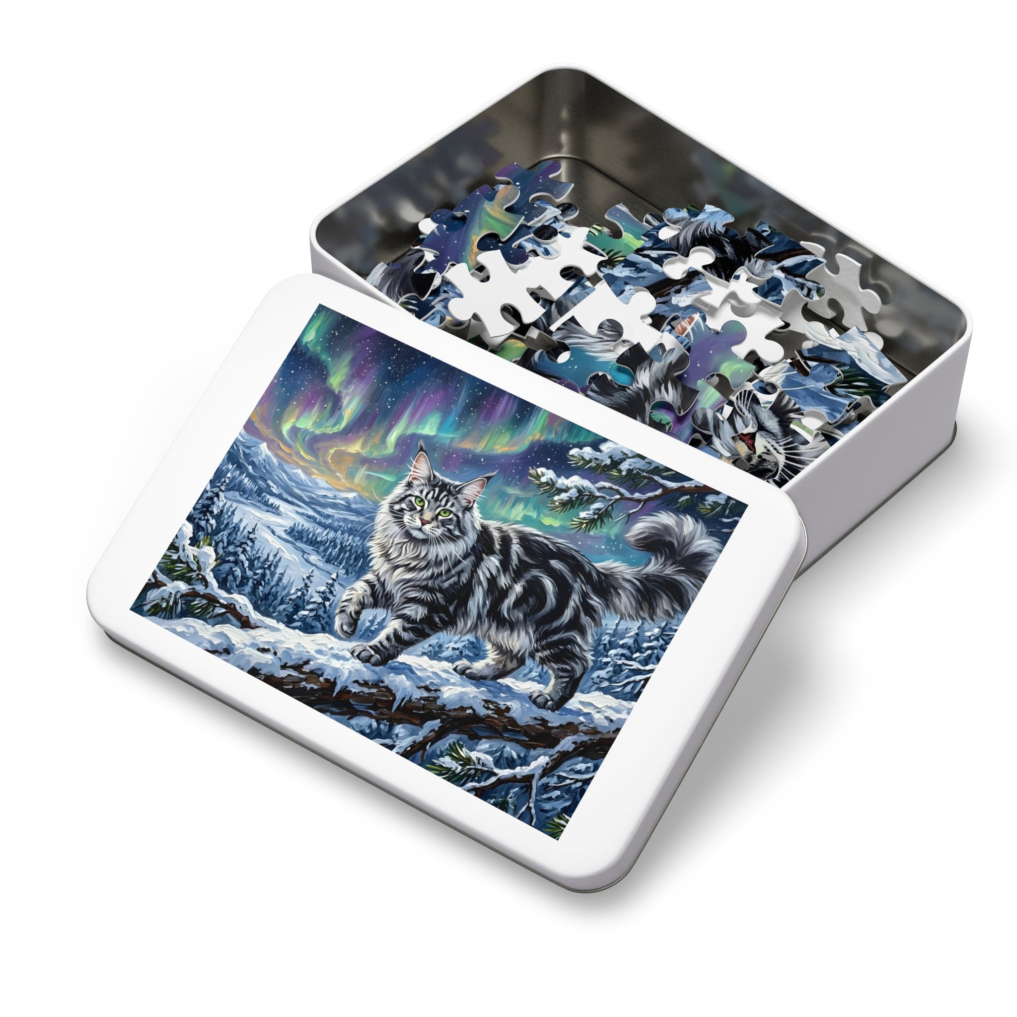 Silver Tabby Maine Coon Northern Lights Snowy Winter Jigsaw Puzzle