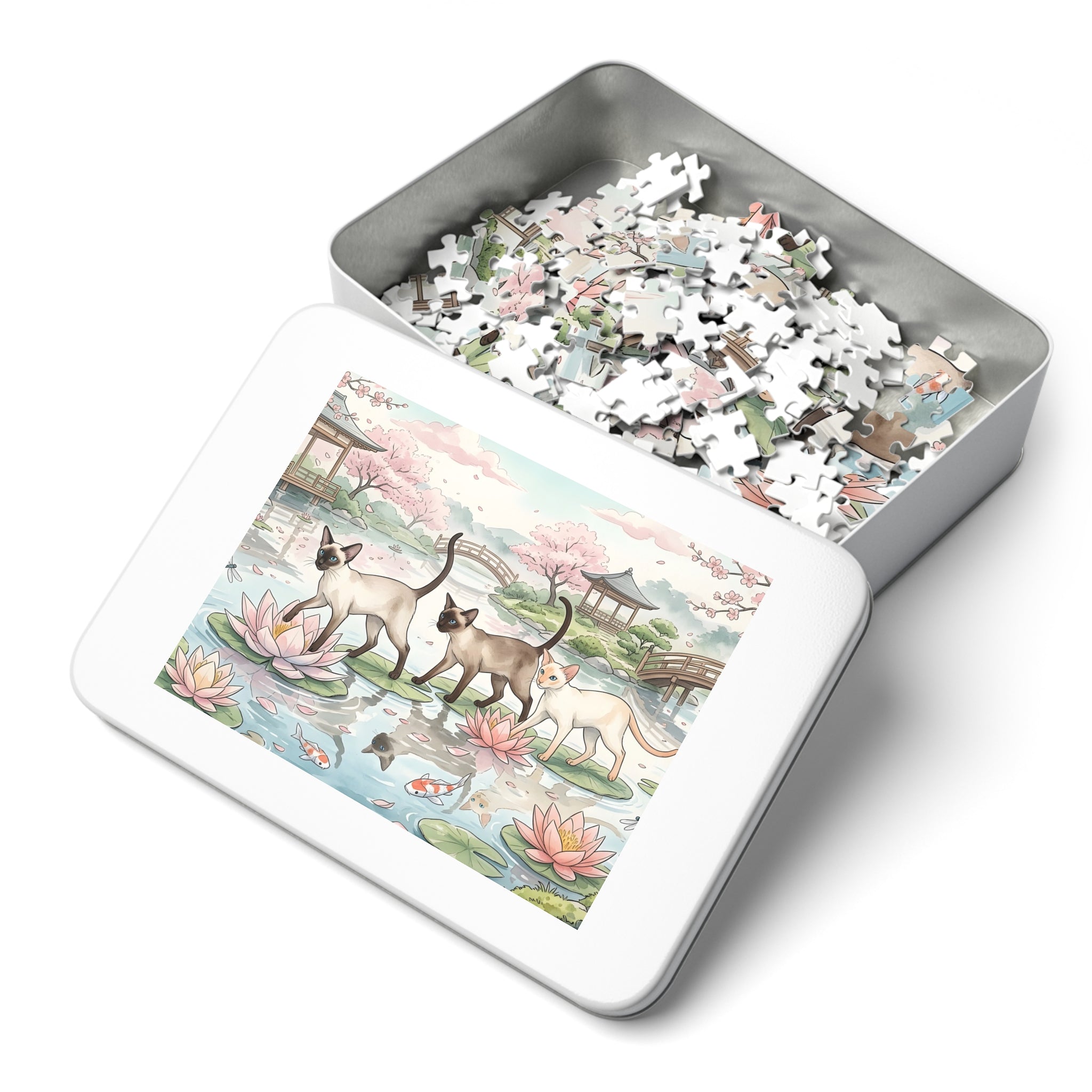Siamese Cat Japanese Garden Water Lily Koi Pond Cherry Blossom Jigsaw Puzzle
