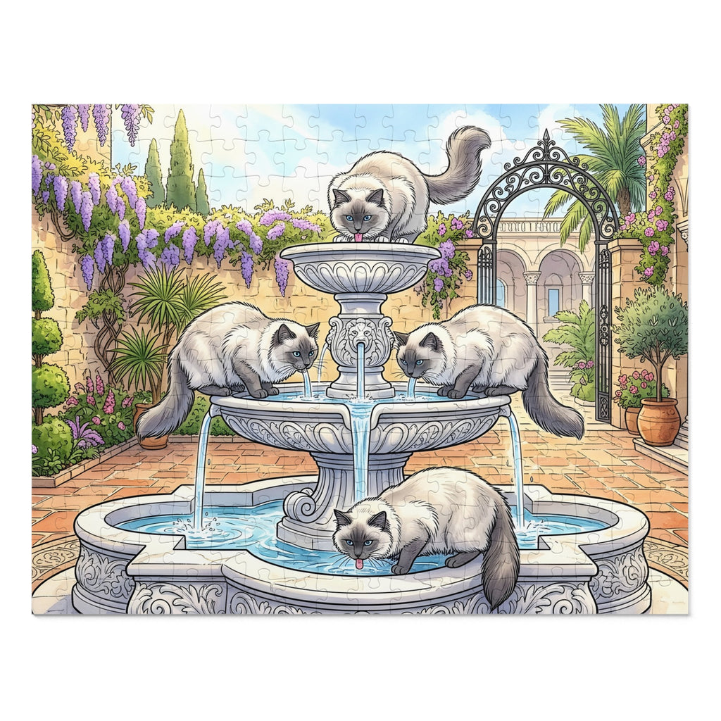 Ragdoll Cats Garden Water Fountain Jigsaw Puzzle