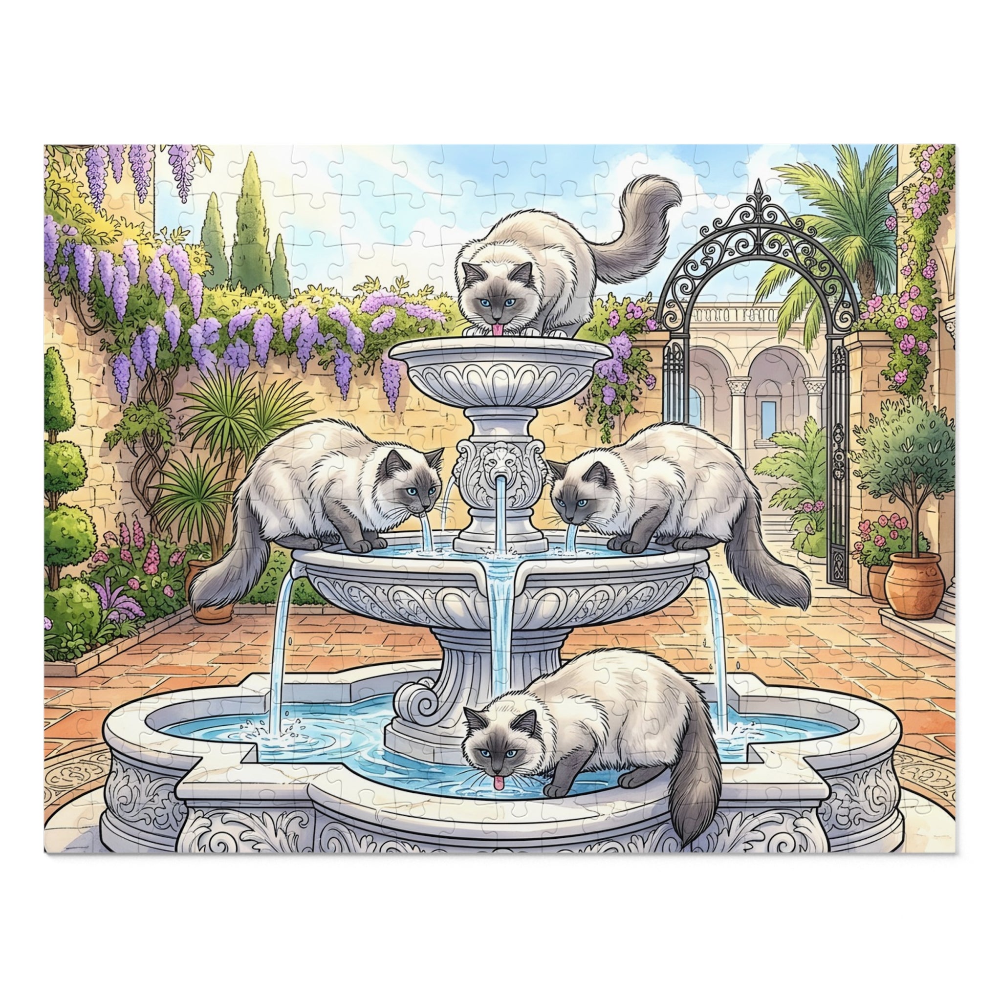 Ragdoll Cats Garden Water Fountain Jigsaw Puzzle
