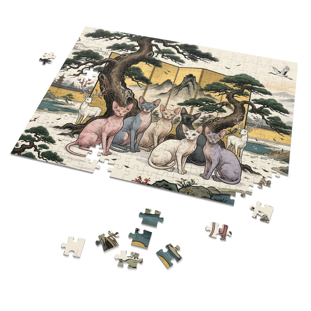 Sphynx Cat Japanese Gold Screen Pine Tree Jigsaw Puzzle