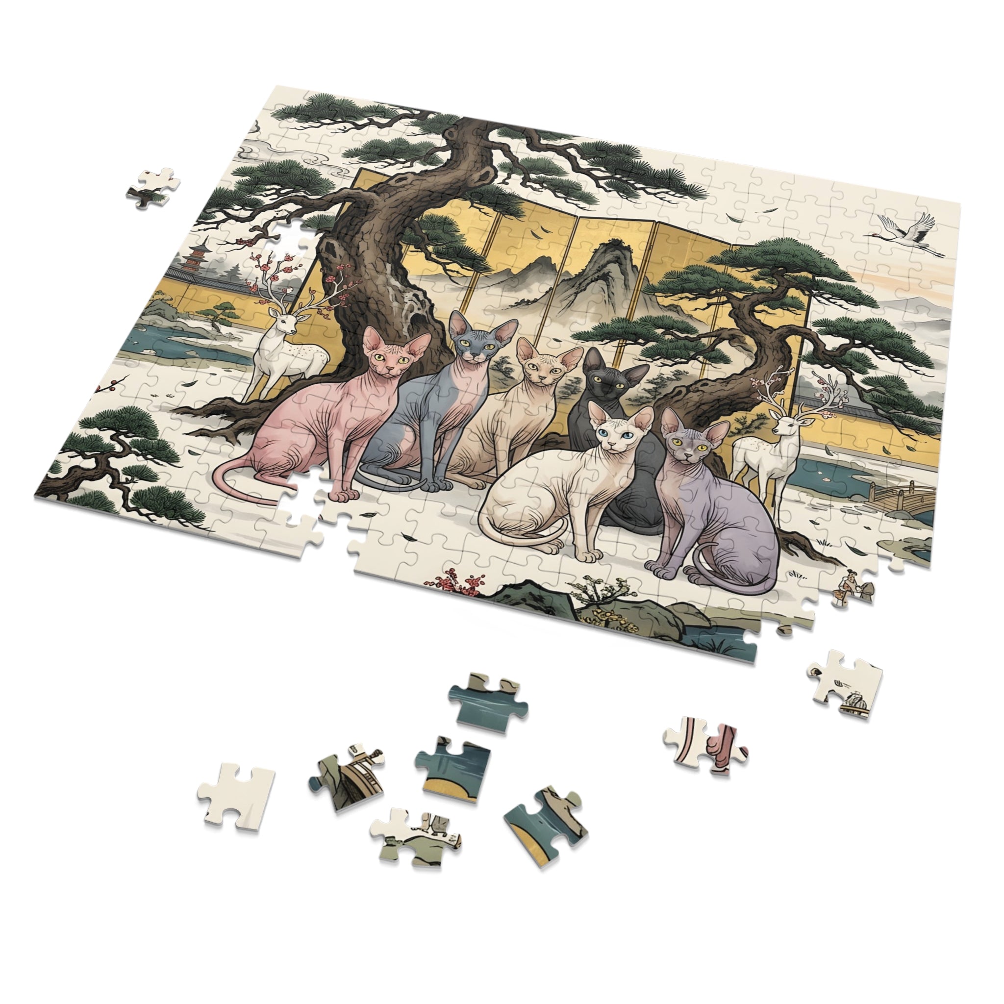 Sphynx Cat Japanese Gold Screen Pine Tree Jigsaw Puzzle