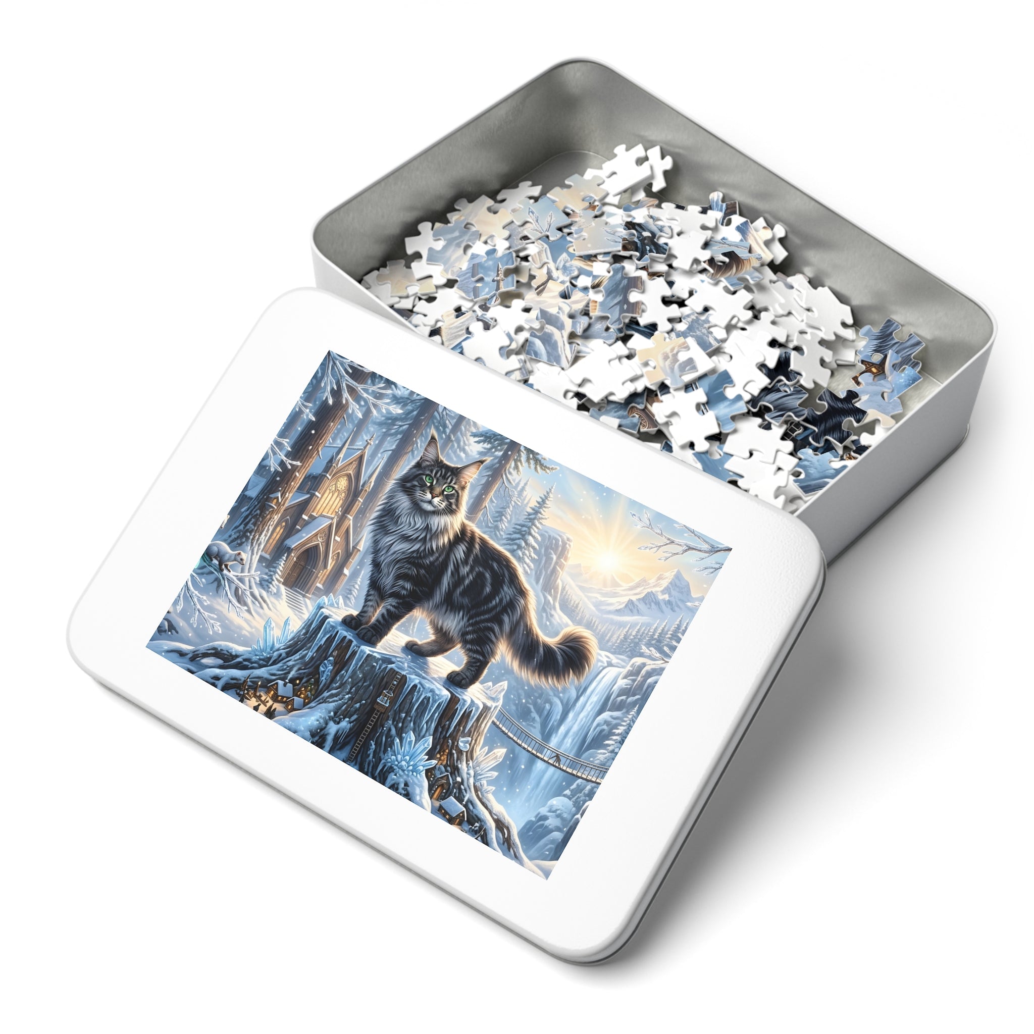 Maine Coon Cat Winter Forest Tree Stump Village Chapel Jigsaw Puzzle