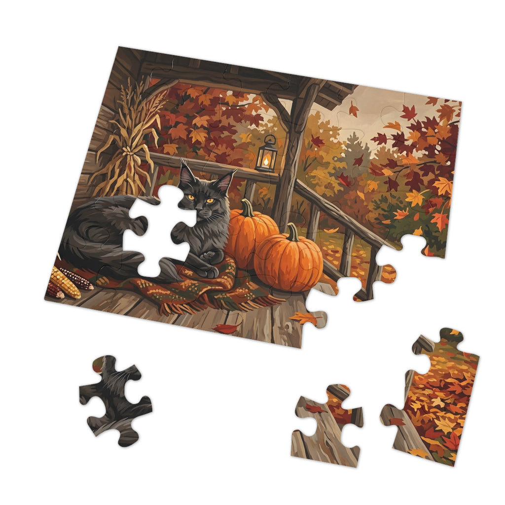 Black Maine Coon Autumn Porch Pumpkins Jigsaw Puzzle