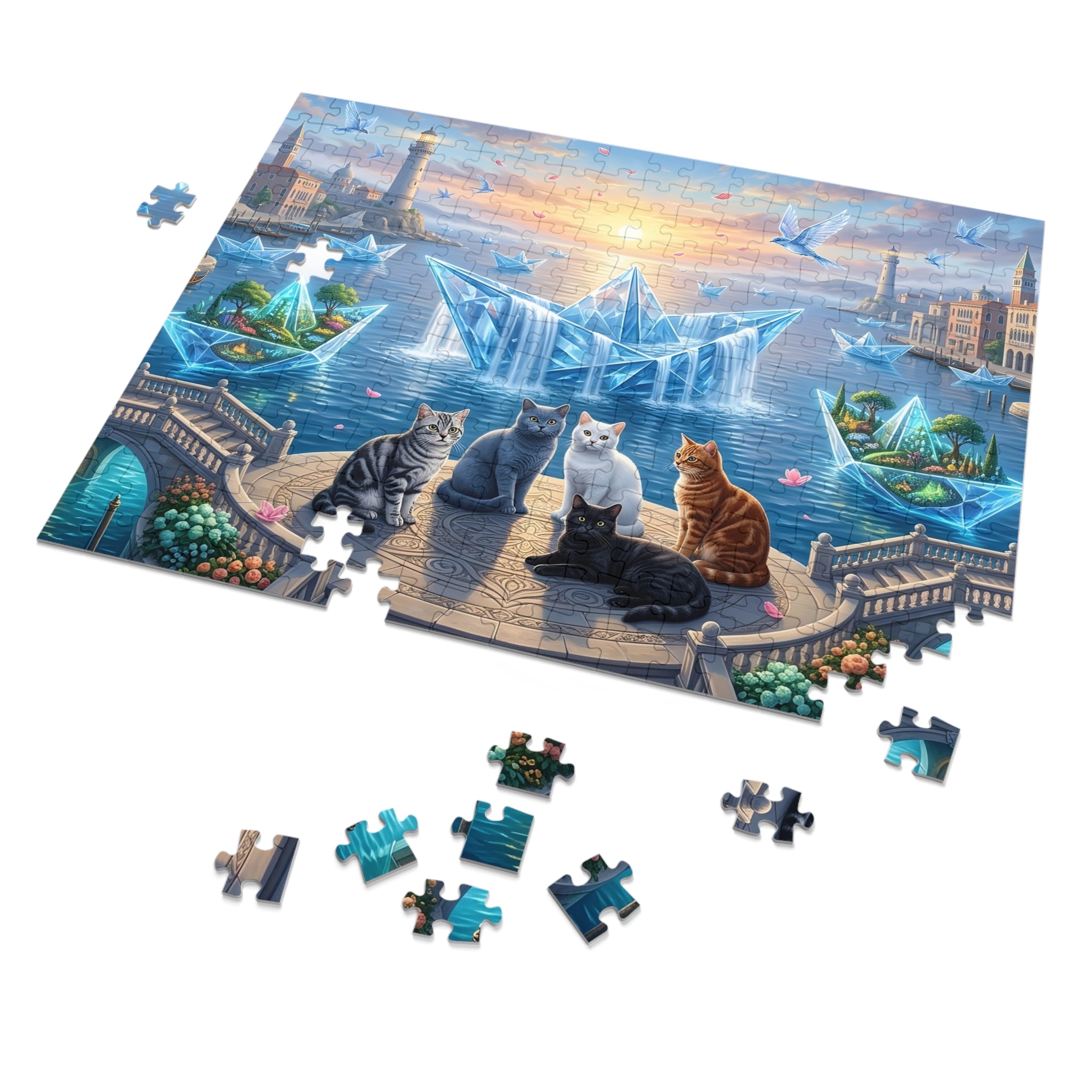 American Shorthair Cat Crystal Paper Boat Waterfalls Coastal Harbor Jigsaw Puzzle