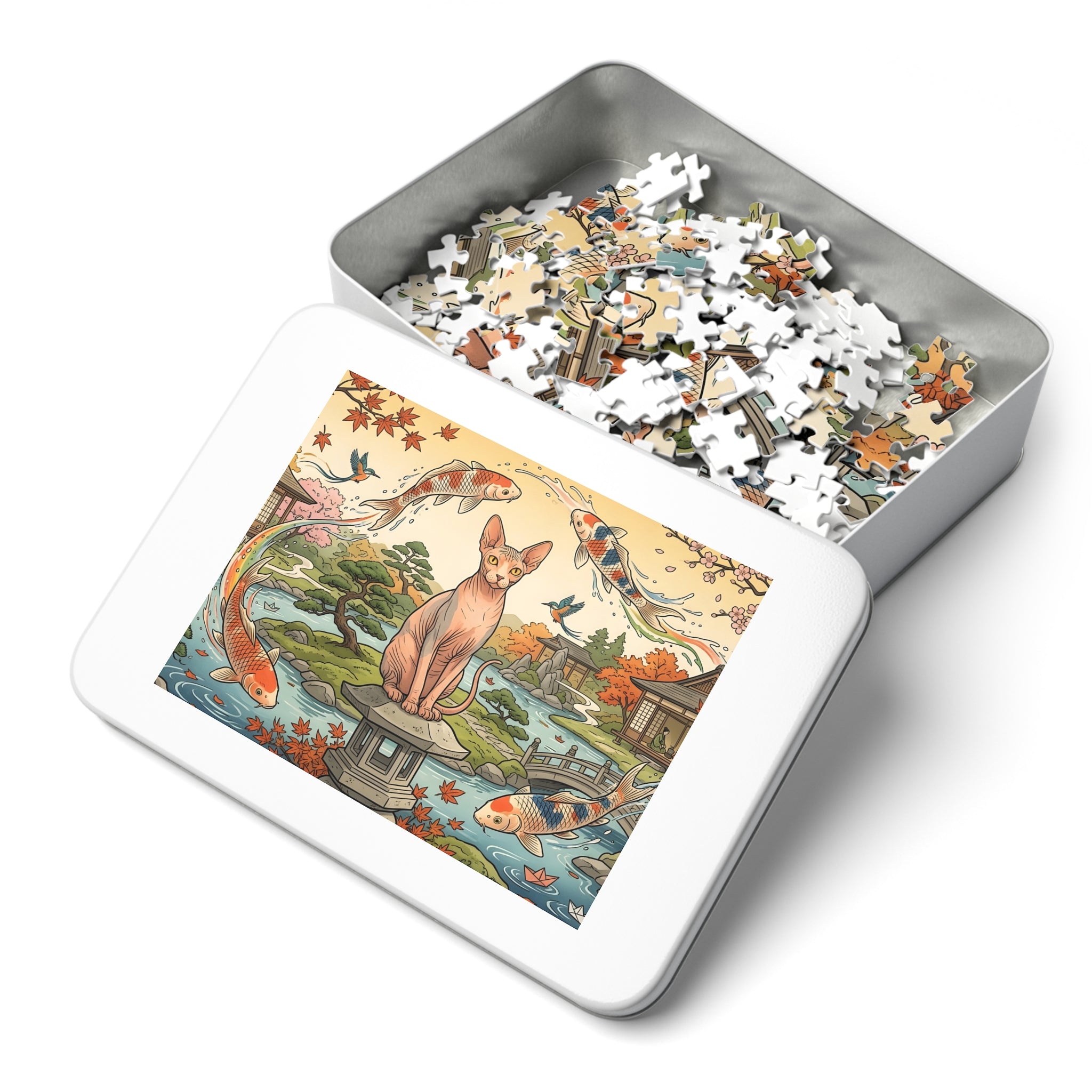 Sphynx Cat Japanese Lantern Flying Koi Garden Jigsaw Puzzle