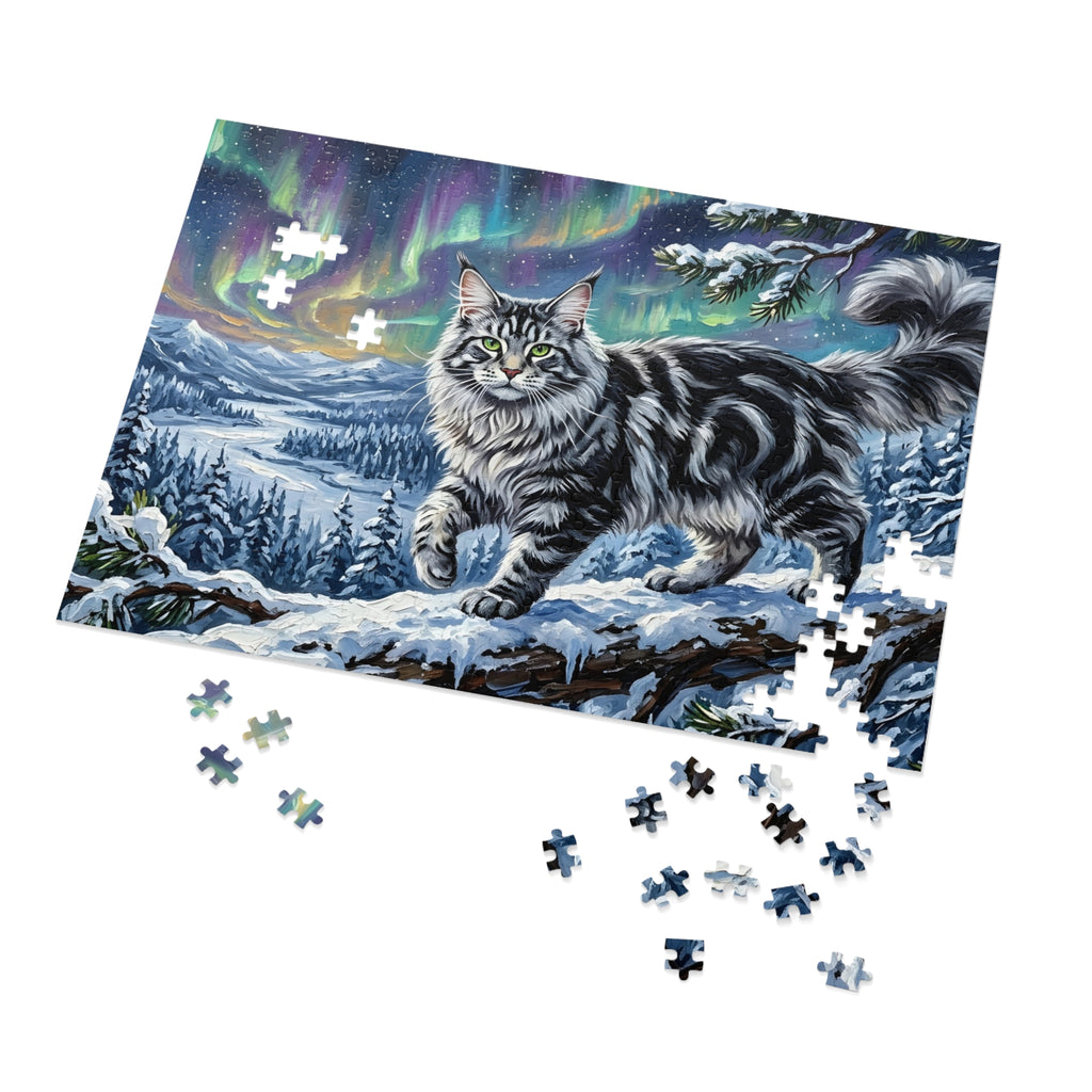 Silver Tabby Maine Coon Northern Lights Snowy Winter Jigsaw Puzzle