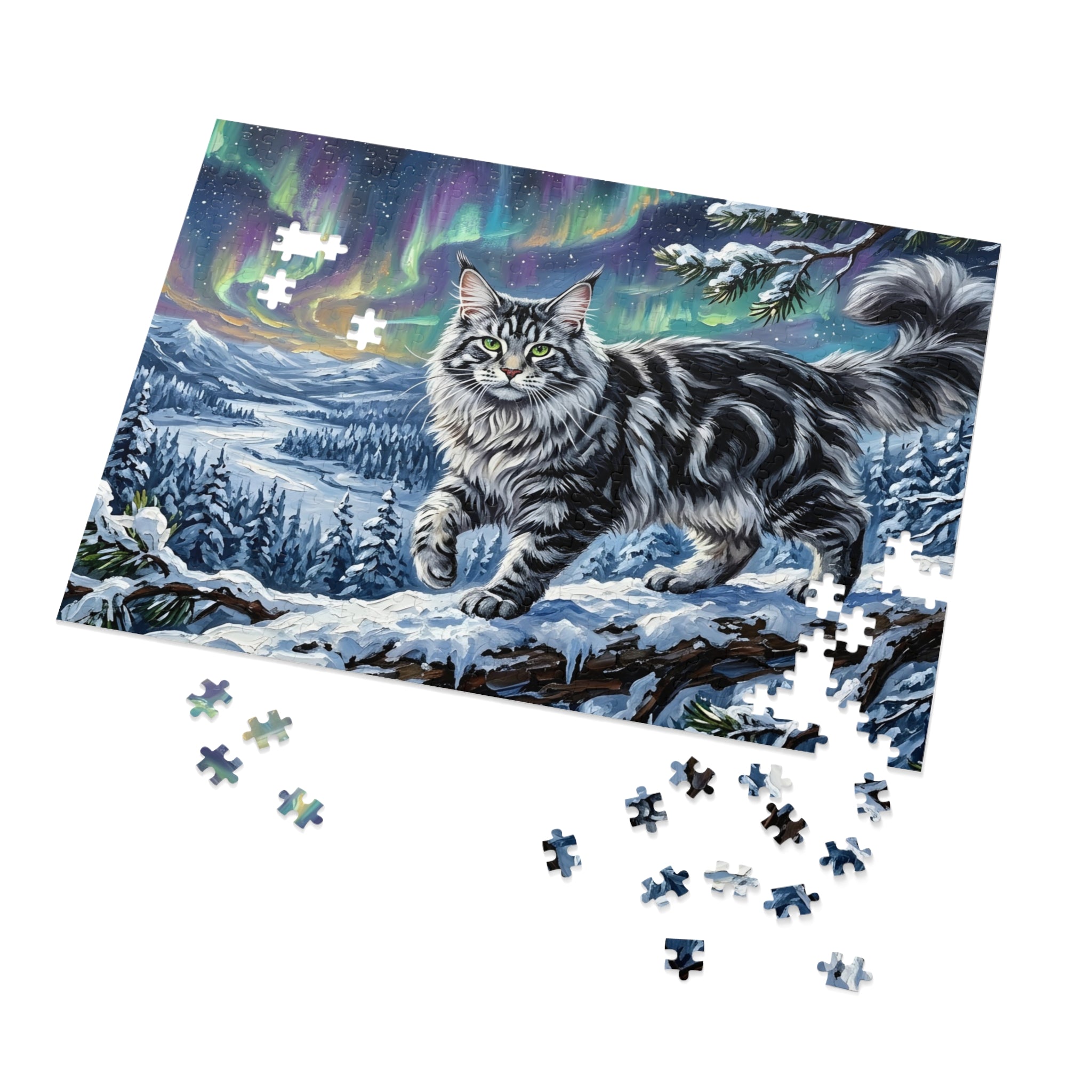 Silver Tabby Maine Coon Northern Lights Snowy Winter Jigsaw Puzzle