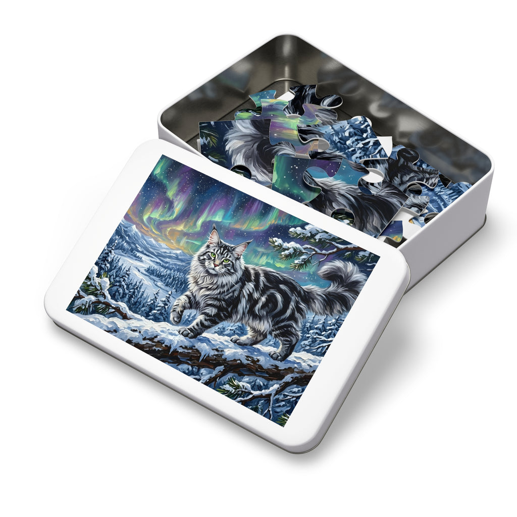 Silver Tabby Maine Coon Northern Lights Snowy Winter Jigsaw Puzzle