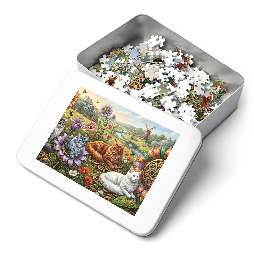 Maine Coon Cat Steampunk Botanical Garden Greenhouse Windmill Jigsaw Puzzle