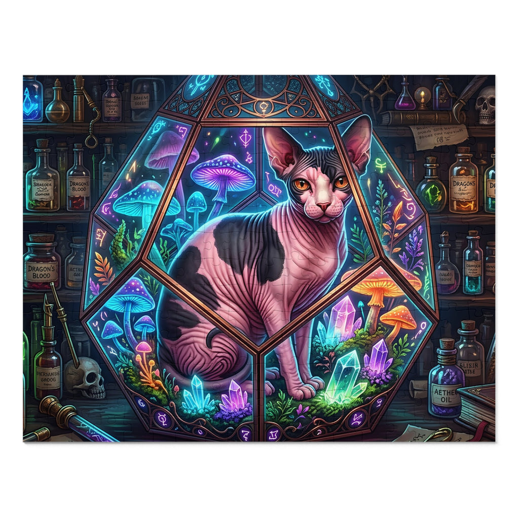 Pink and Black Calico Sphynx Terrarium Magic Potions Jigsaw Puzzle