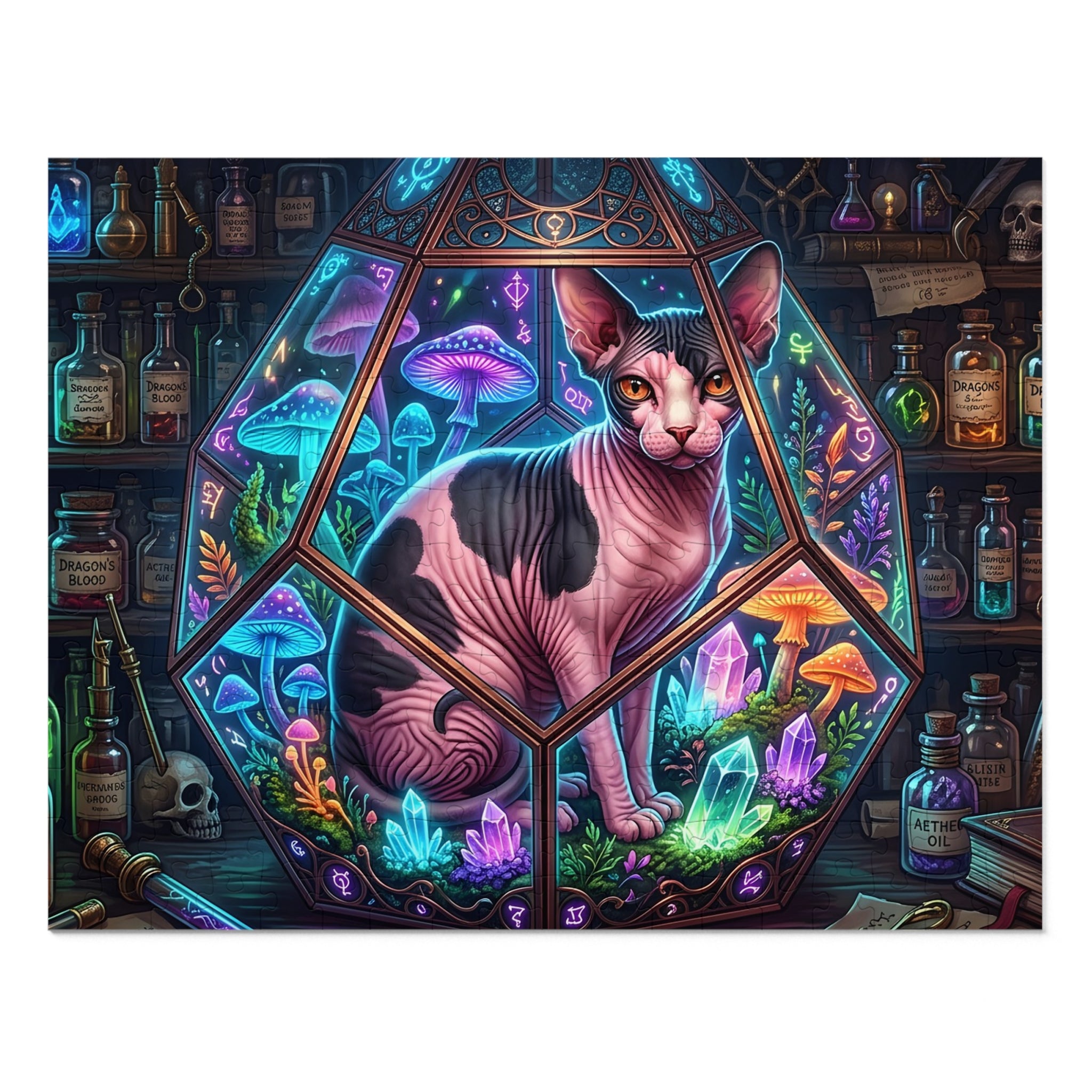 Pink and Black Calico Sphynx Terrarium Magic Potions Jigsaw Puzzle