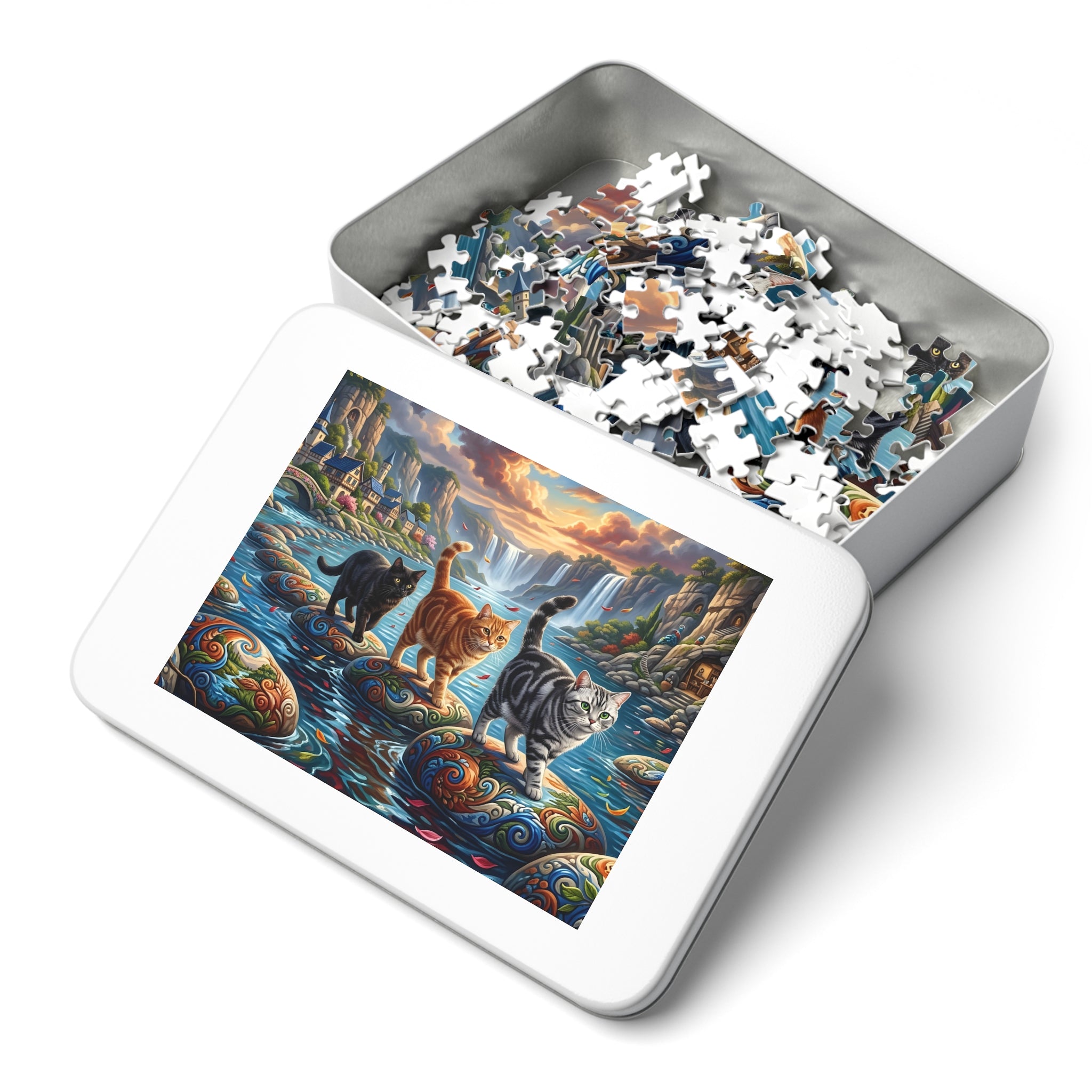 American Shorthair Cat Mosaic Stepping Stone River Waterfalls Jigsaw Puzzle