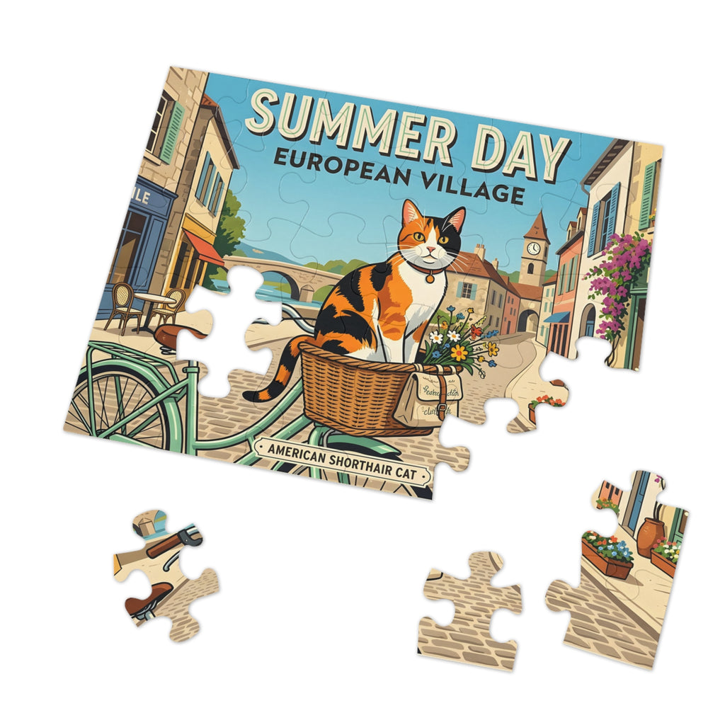 Calico American Shorthair Summer Day European Village Jigsaw Puzzle