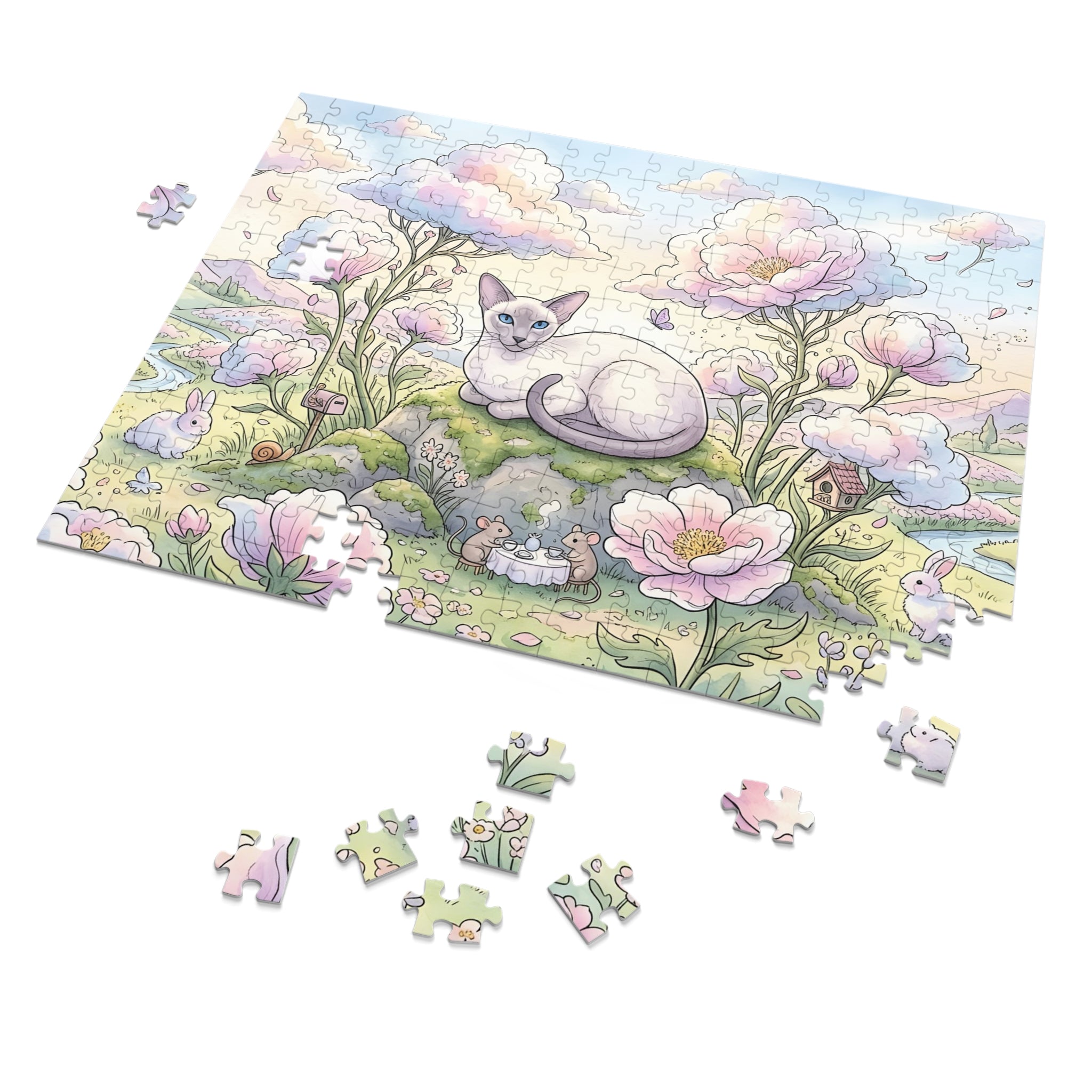 Siamese Cat Pastel Cloud Peony Mouse Tea Party Bunny Garden Jigsaw Puzzle