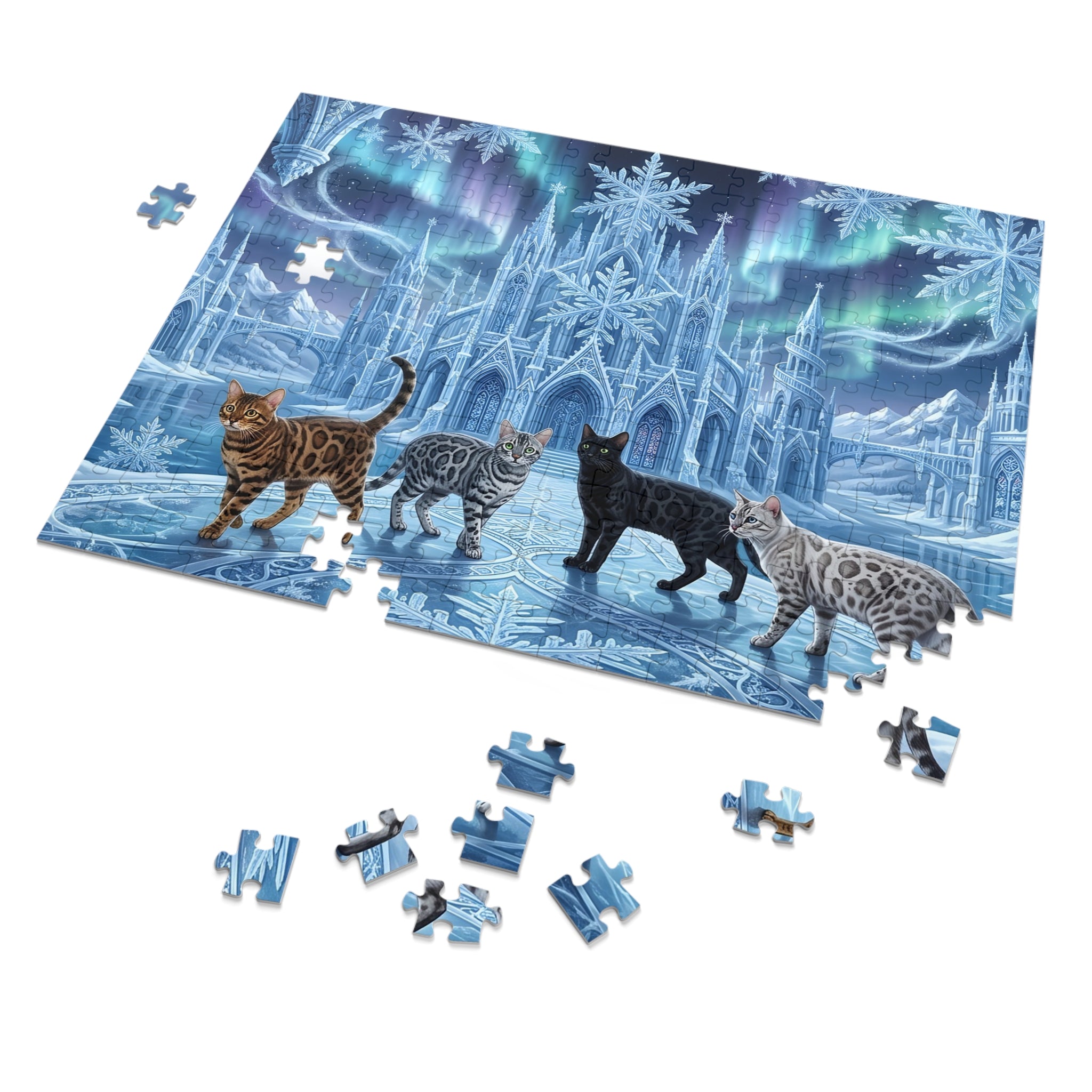 Bengal Cat Ice Palace Northern Lights Snowflake Jigsaw Puzzle