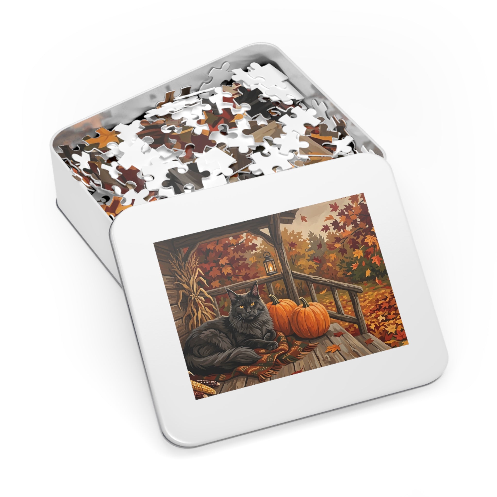 Black Maine Coon Autumn Porch Pumpkins Jigsaw Puzzle
