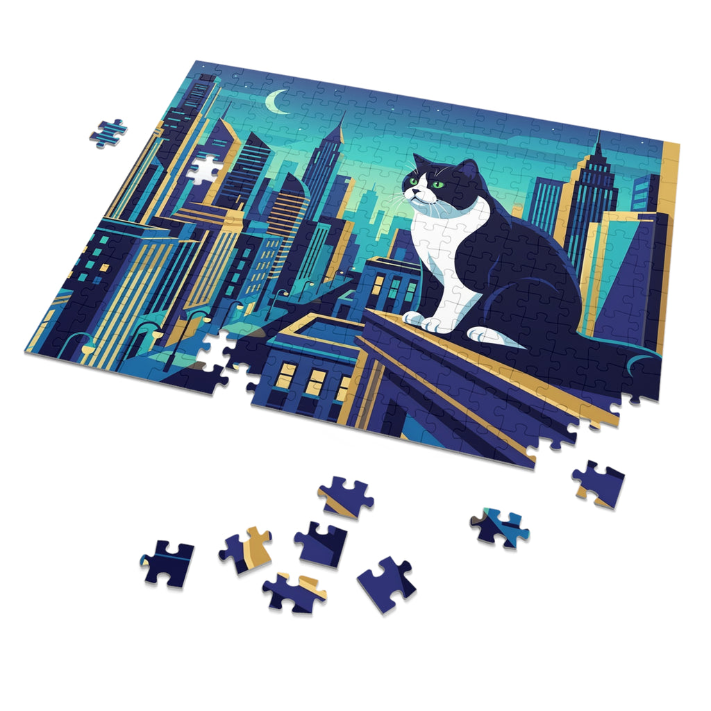 Tuxedo British Shorthair Night City Skyline Jigsaw Puzzle