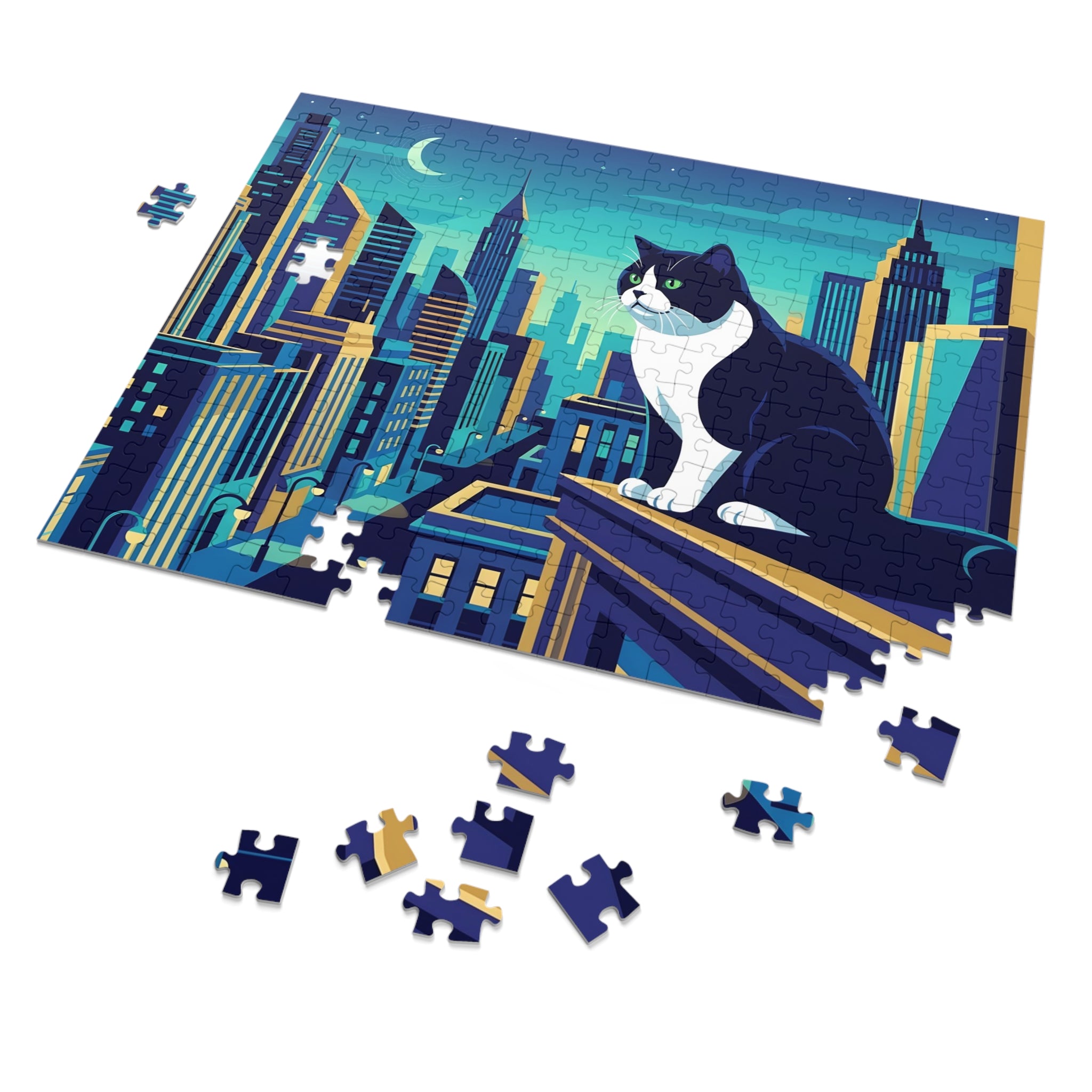 Tuxedo British Shorthair Night City Skyline Jigsaw Puzzle